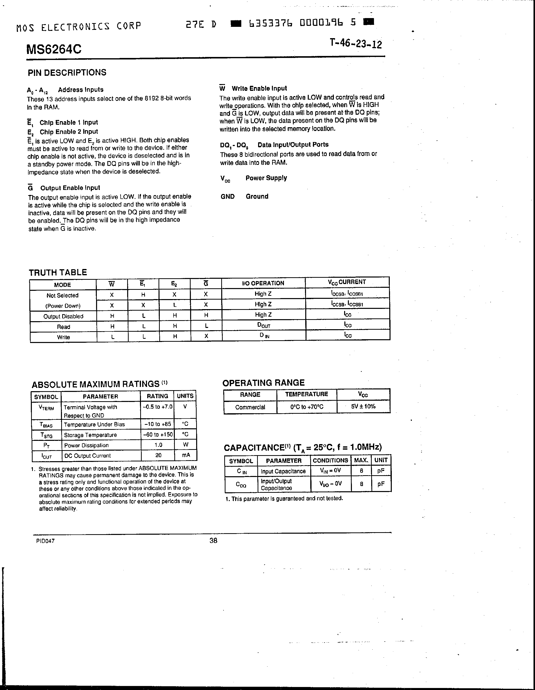 Datasheet MS6264C page 2 Datasheet MS6264C - 8K x 8 Low Power CMOS SRAM page 2