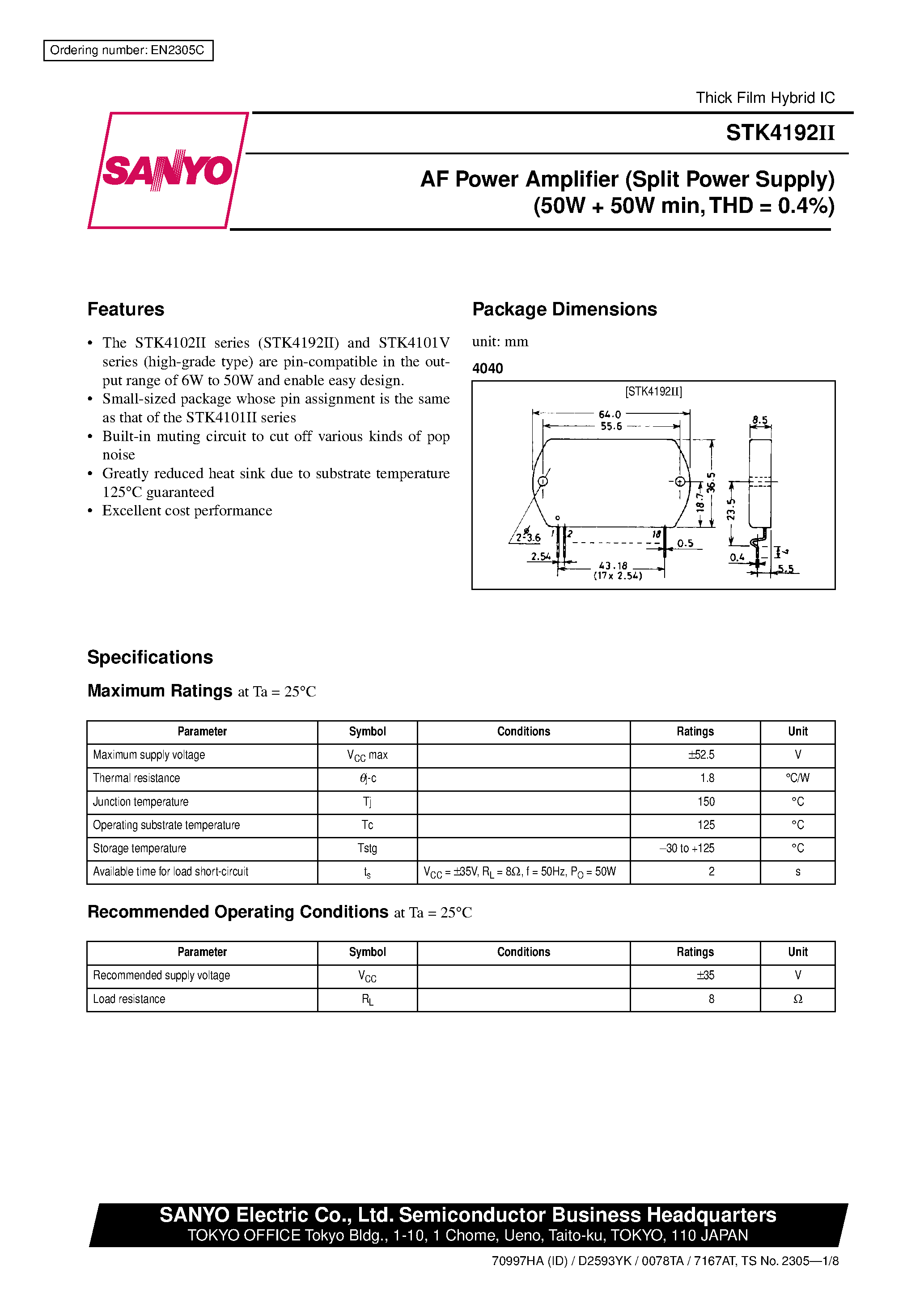 Даташит STK4192II - AF Power Amplifier страница 1