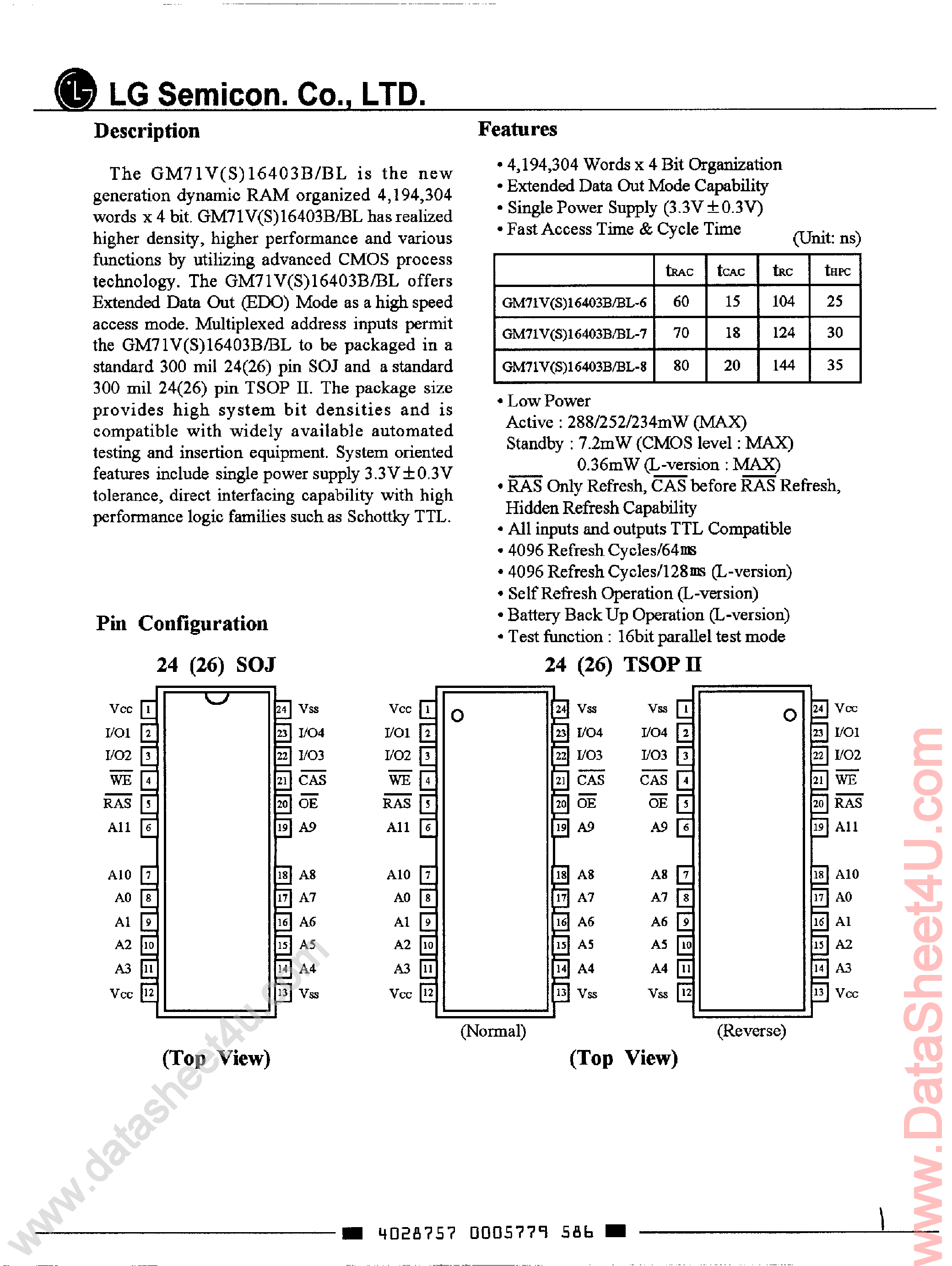 Даташит GM71V16403B - (GM71VS16403BL / GM71V16403B) 4M x 4-Bit CMOS DRAM страница 1