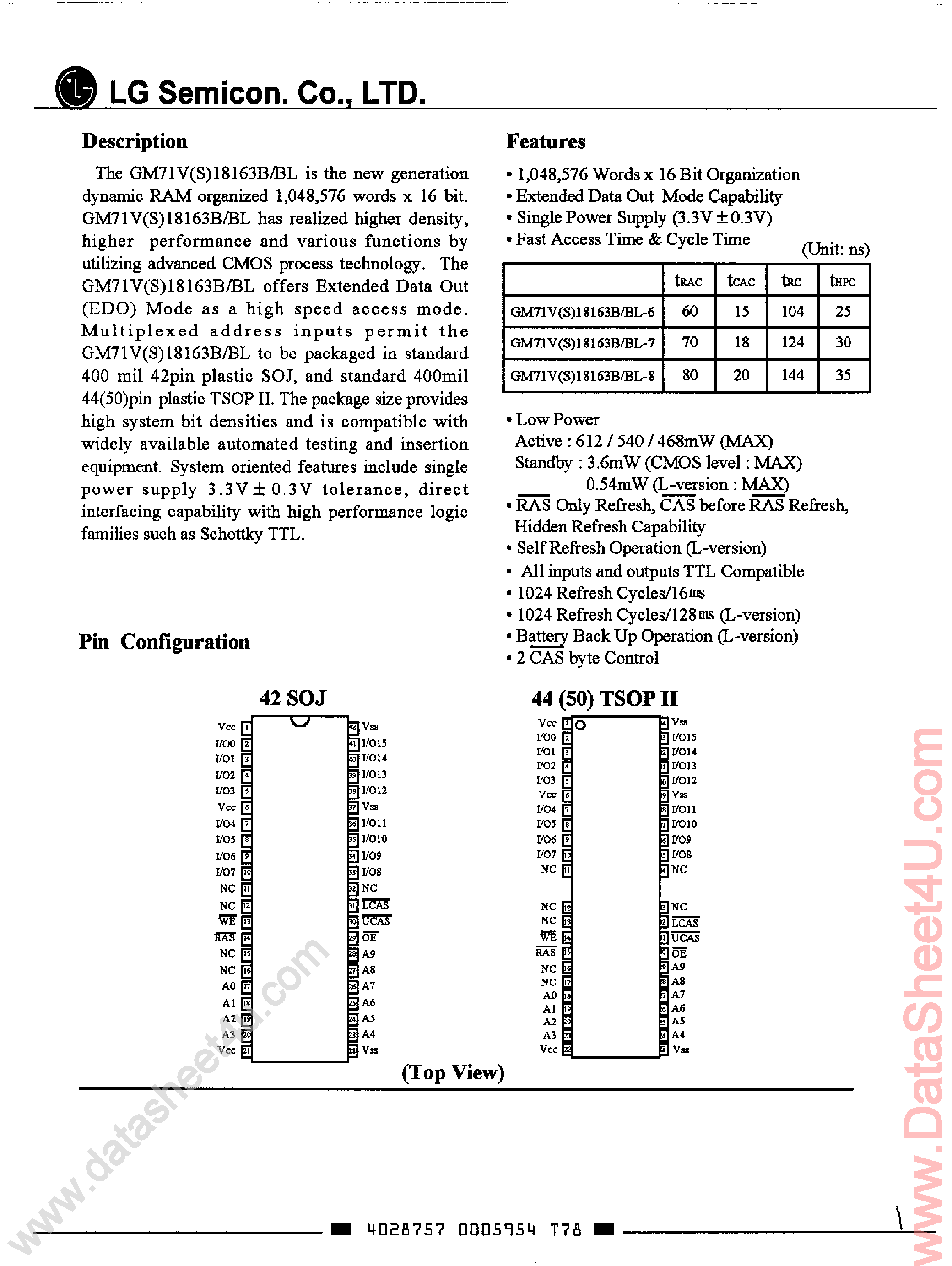 Даташит на микросхему GM71V18163B страница 1 Даташит GM71V18163B - (GM71VS18163BL / GM71V18163B) 1M x 16-Bit CMOS DRAM страница 1