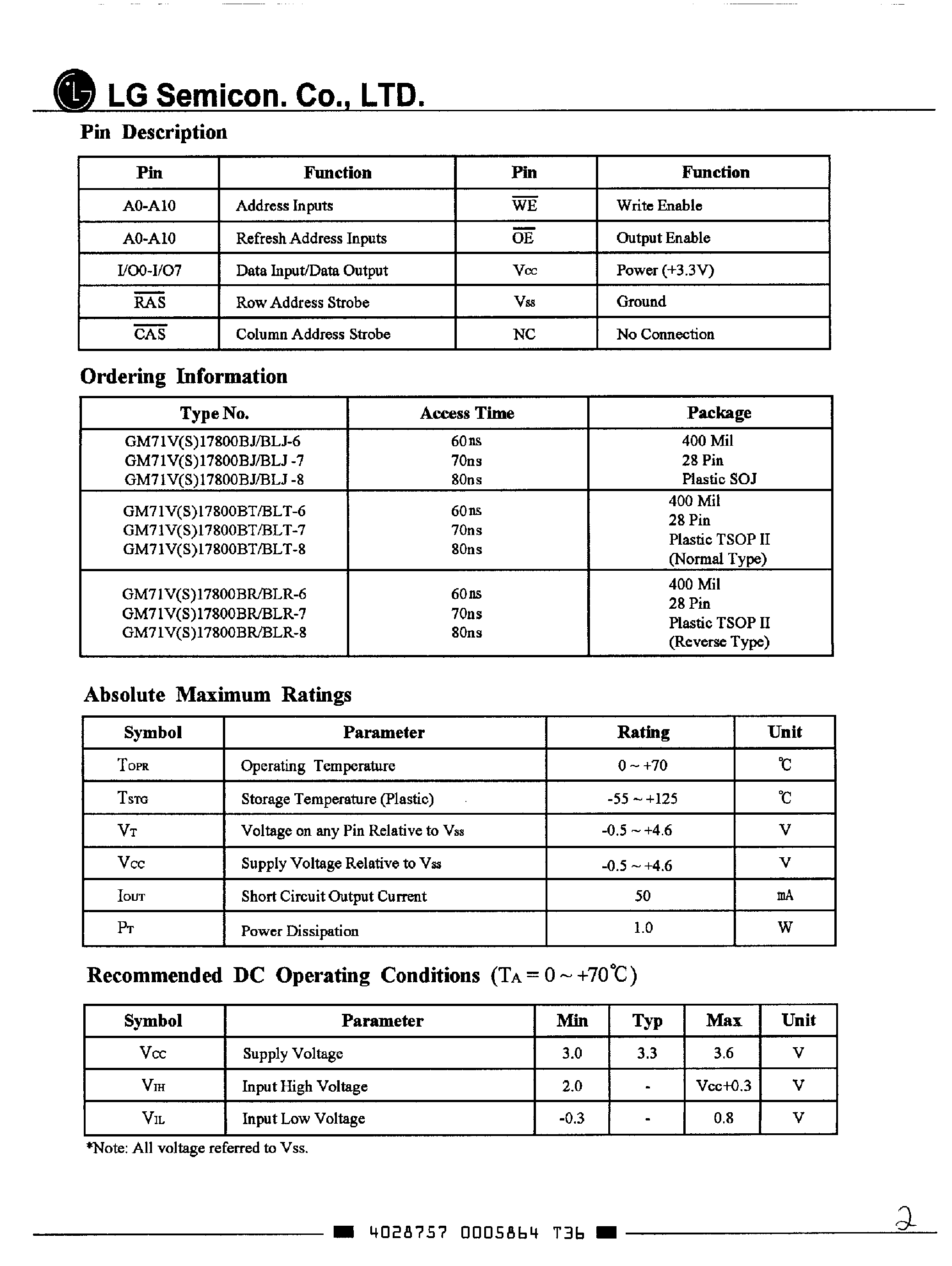 Даташит GM71VS17800BL - (GM71VS17800BL / GM71V17800B) 2M x 8-Bit CMOS DRAM страница 2