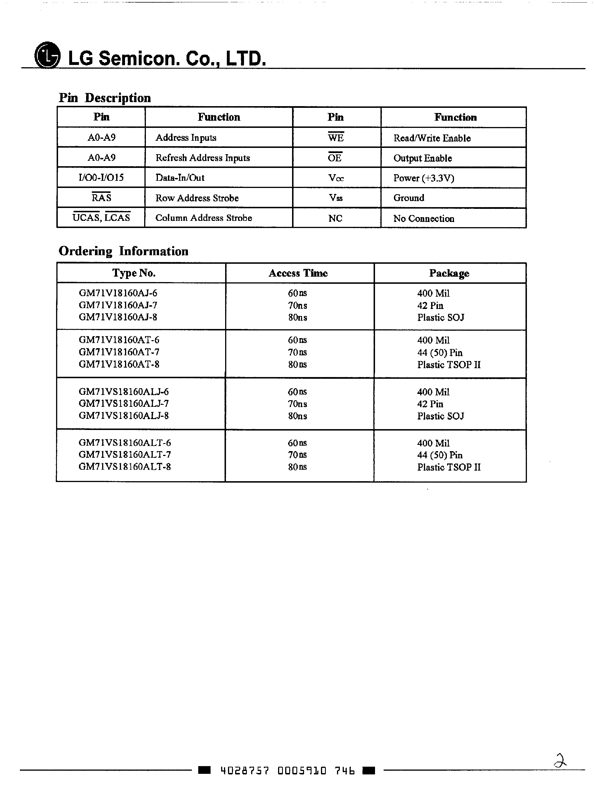 Даташит GM71V16160A - (GM71VS16160AL / GM71V16160A) 1M x 16-Bit CMOS DRAM страница 2