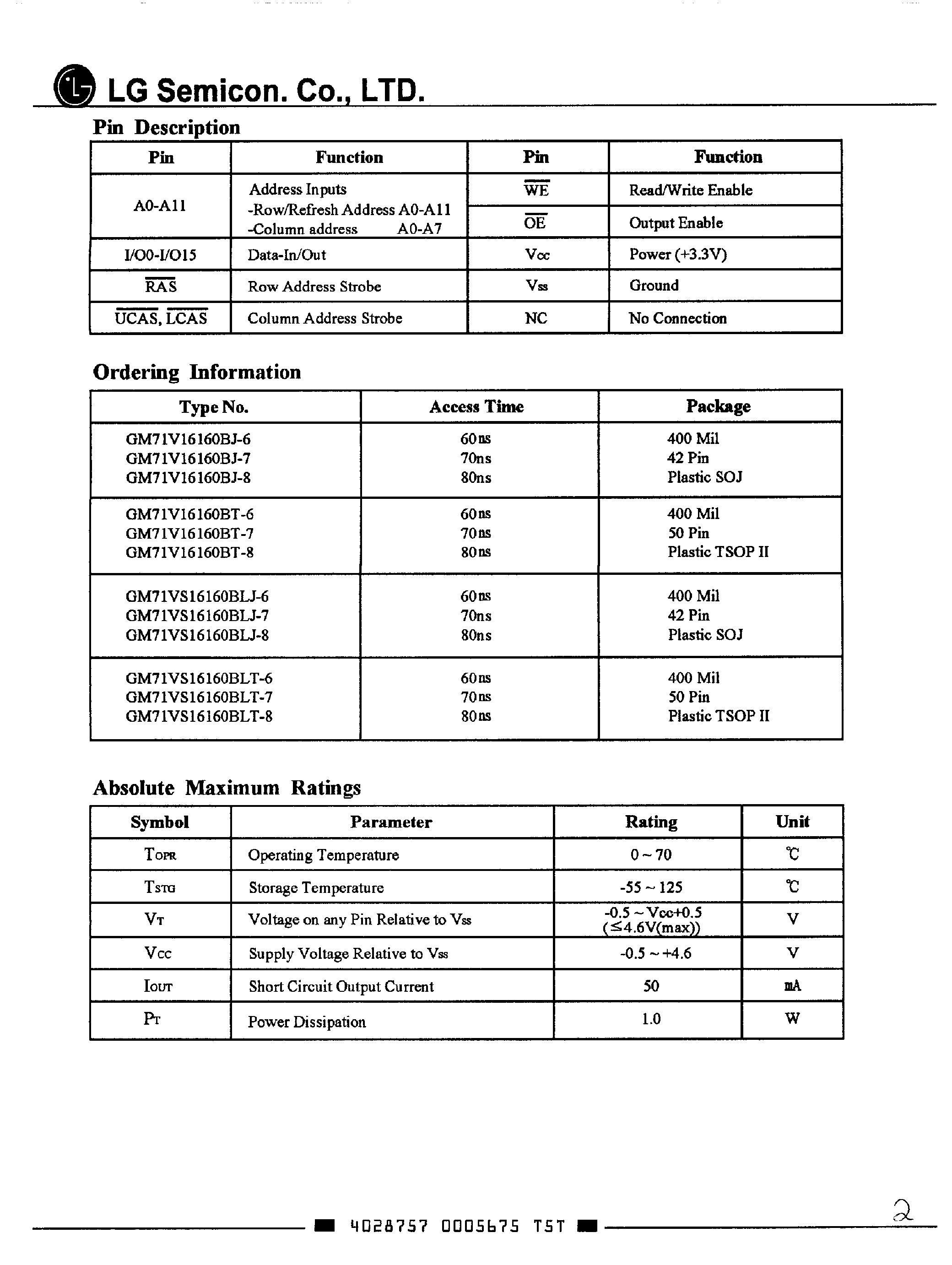 Даташит на микросхему GM71V16160B страница 2 Даташит GM71V16160B - (GM71VS16160BL / GM71V16160B) 1M x 16-Bit CMOS DRAM страница 2