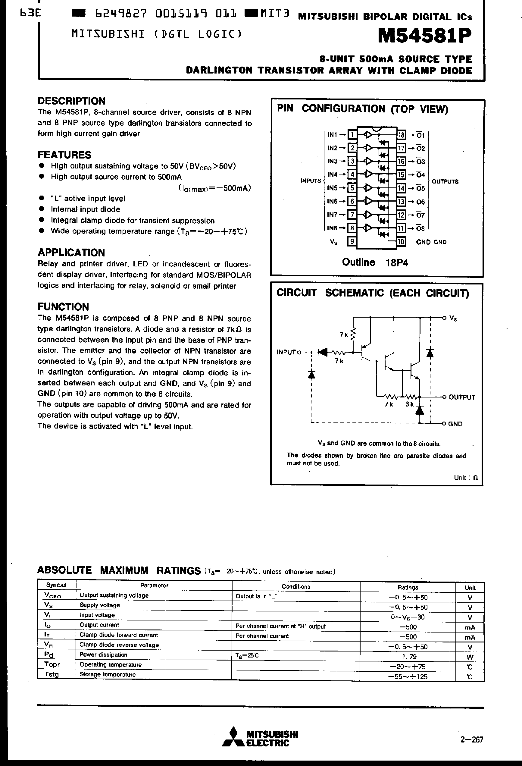 Datasheet M54581P - S-UNIT 500mA SOURCE TYPE DARLINGTON TRANSISTOR ARRAY WITH CLAMP DIODE page 1