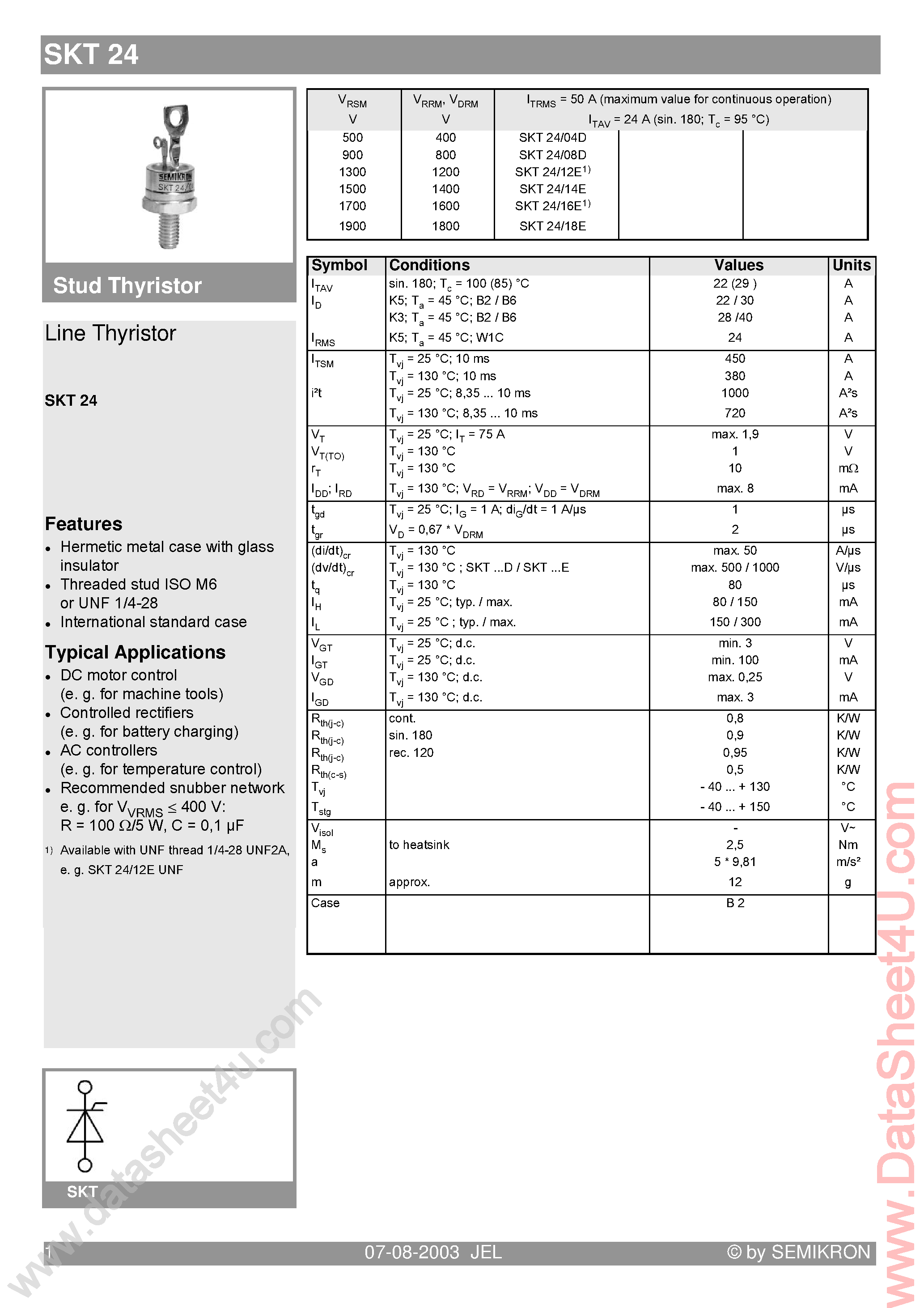 Datasheet SKT24/04D page 1 Datasheet SKT24/04D - (SKT24/xx) Stud Thyristor page 1