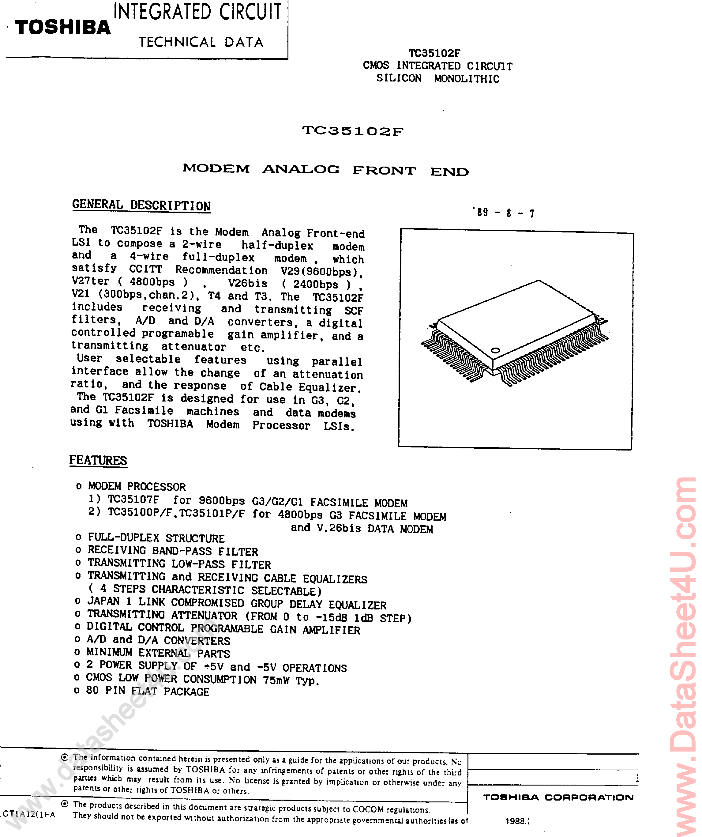 Datasheet TC35102F page 1 Datasheet TC35102F - Modem Analog Front End page 1
