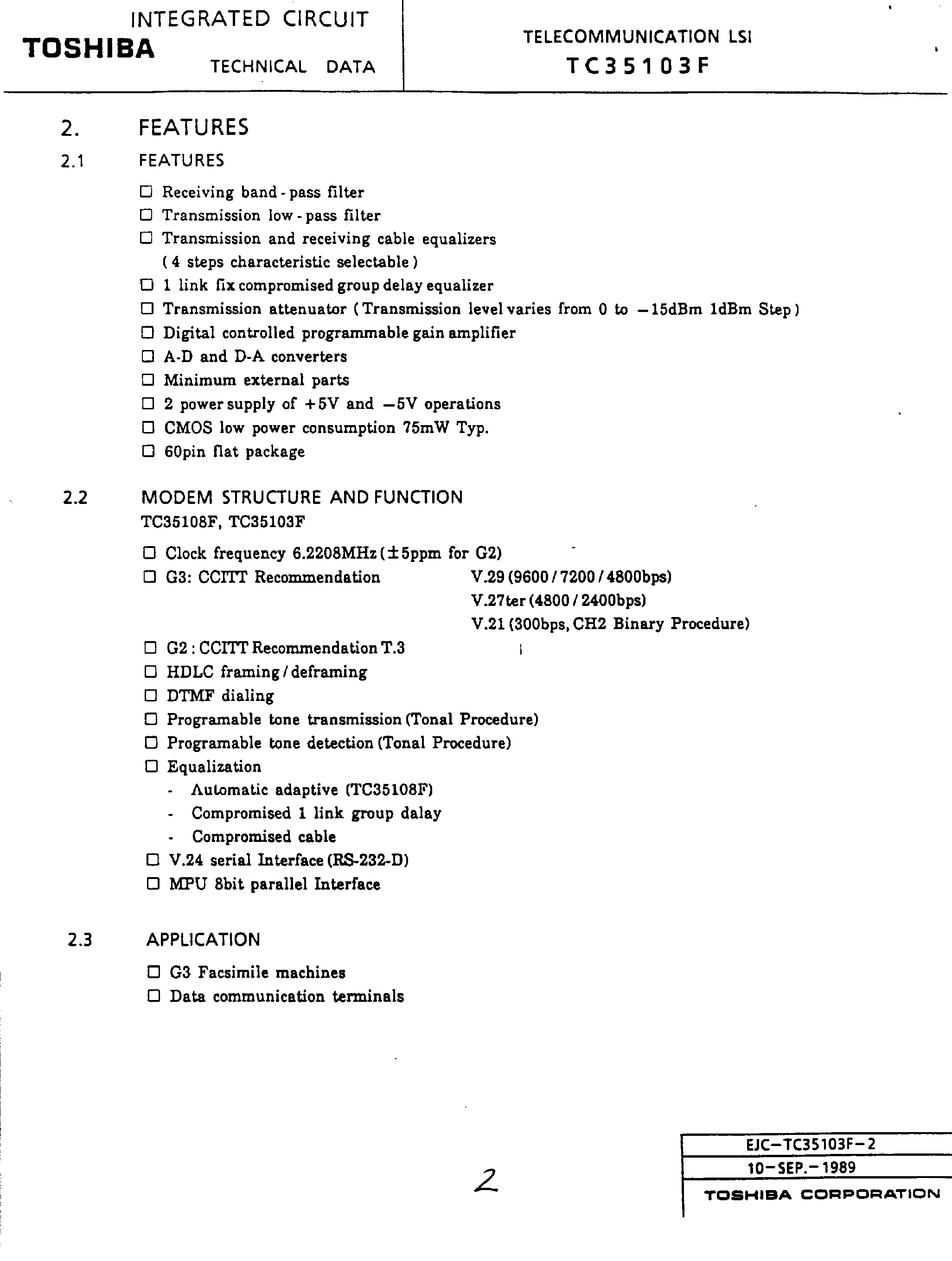 Datasheet TC35103F page 2 Datasheet TC35103F - Modem Analog Front End page 2