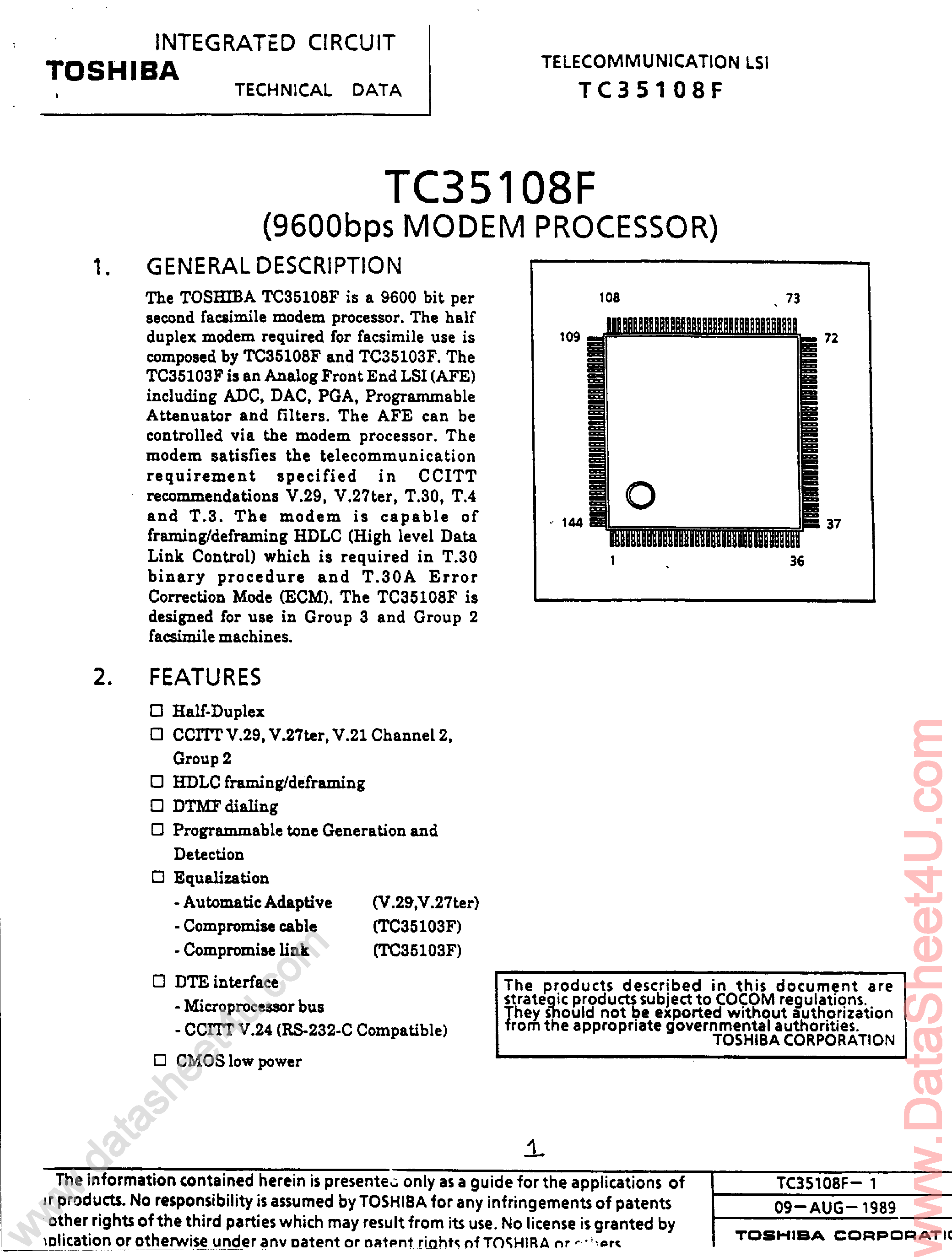 Datasheet TC35108F page 1 Datasheet TC35108F - 9600bps Modem Processor page 1