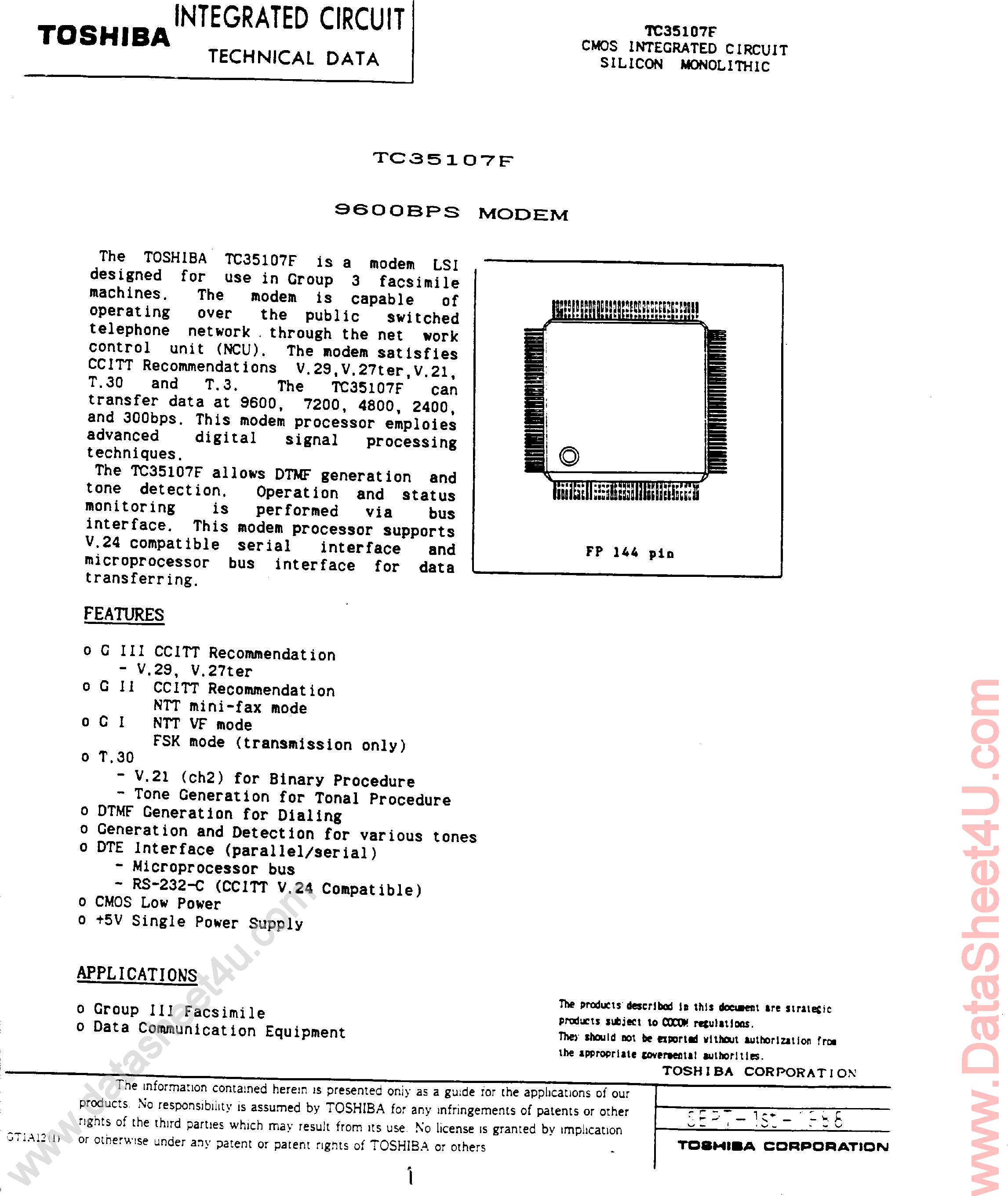 Datasheet TC35107F page 1 Datasheet TC35107F - 9600bps Modem page 1