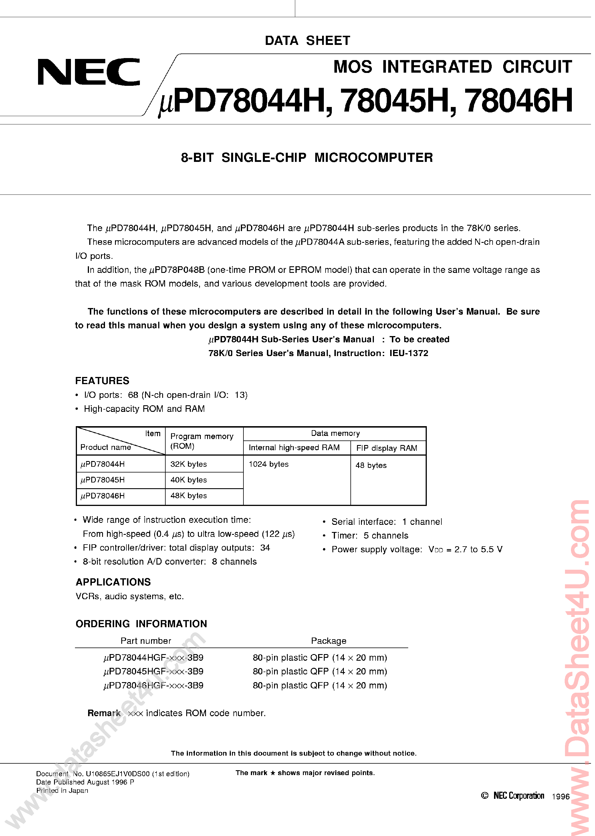 Даташит UPD78044H - (UPD78044H - UPD78046H) 8-Bit Single-Chip Microcontroller страница 1