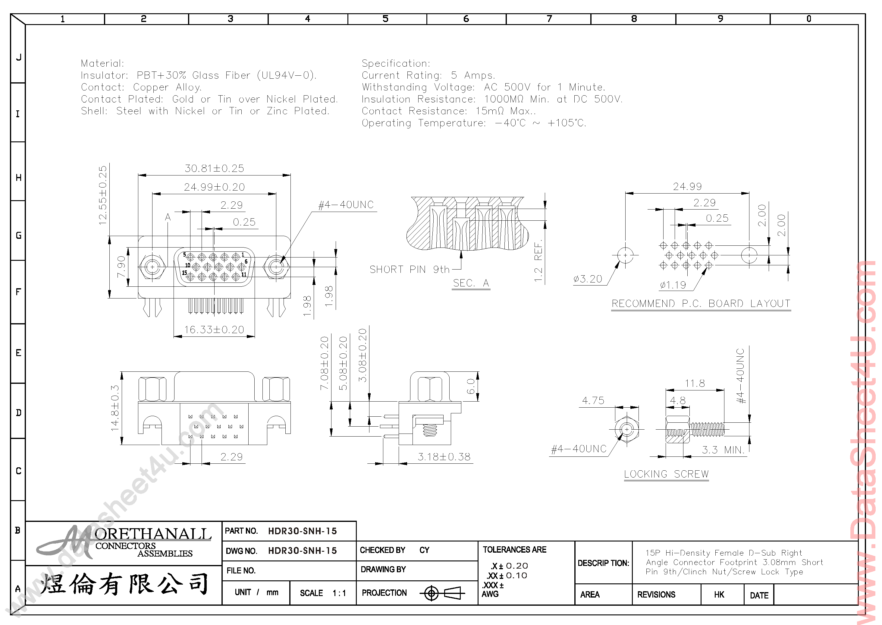 Даташит HDR30-SNH-15 - Connector страница 1