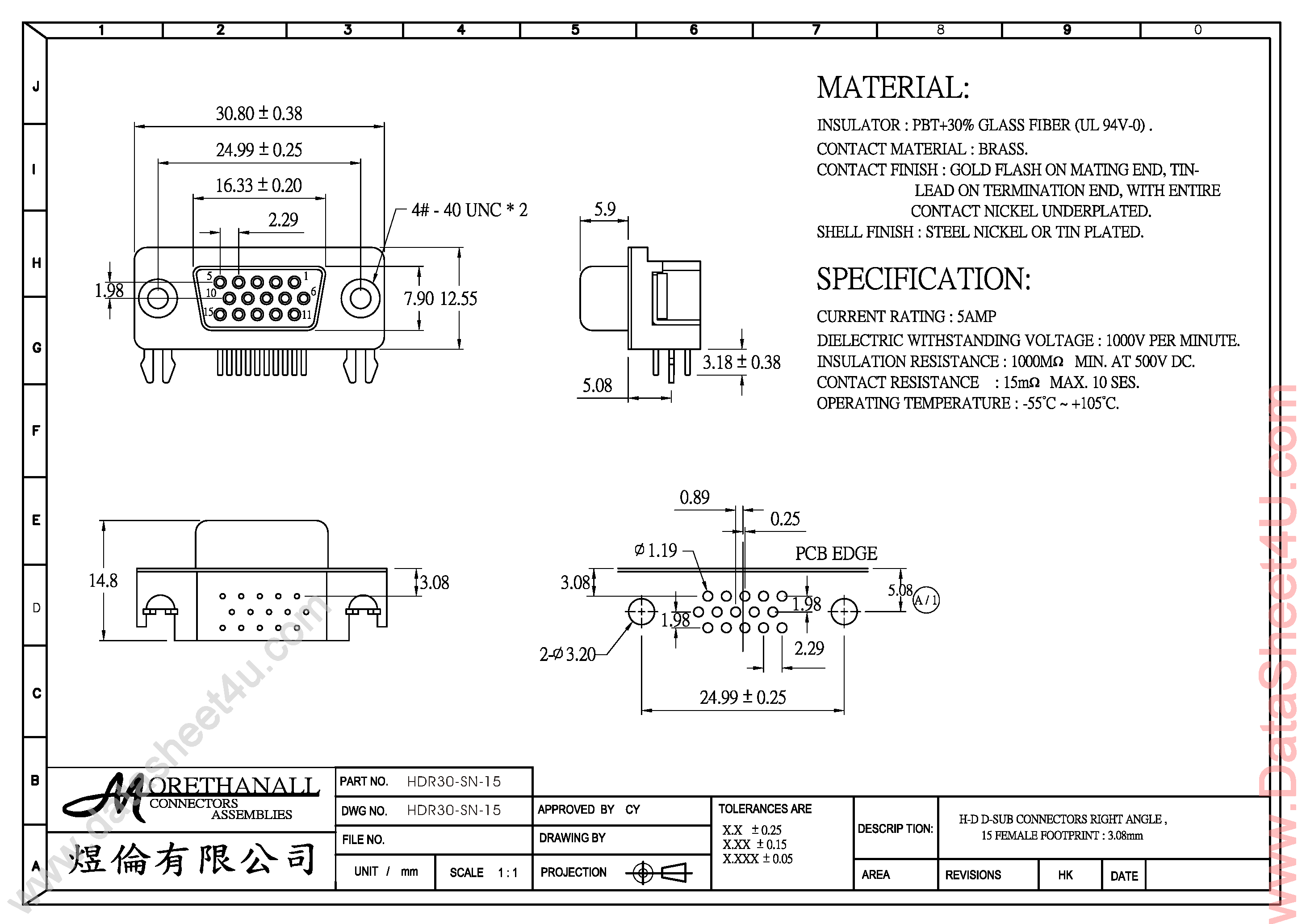 Даташит на микросхему HDR30-SN-15 страница 1 Даташит HDR30-SN-15 - Connector страница 1