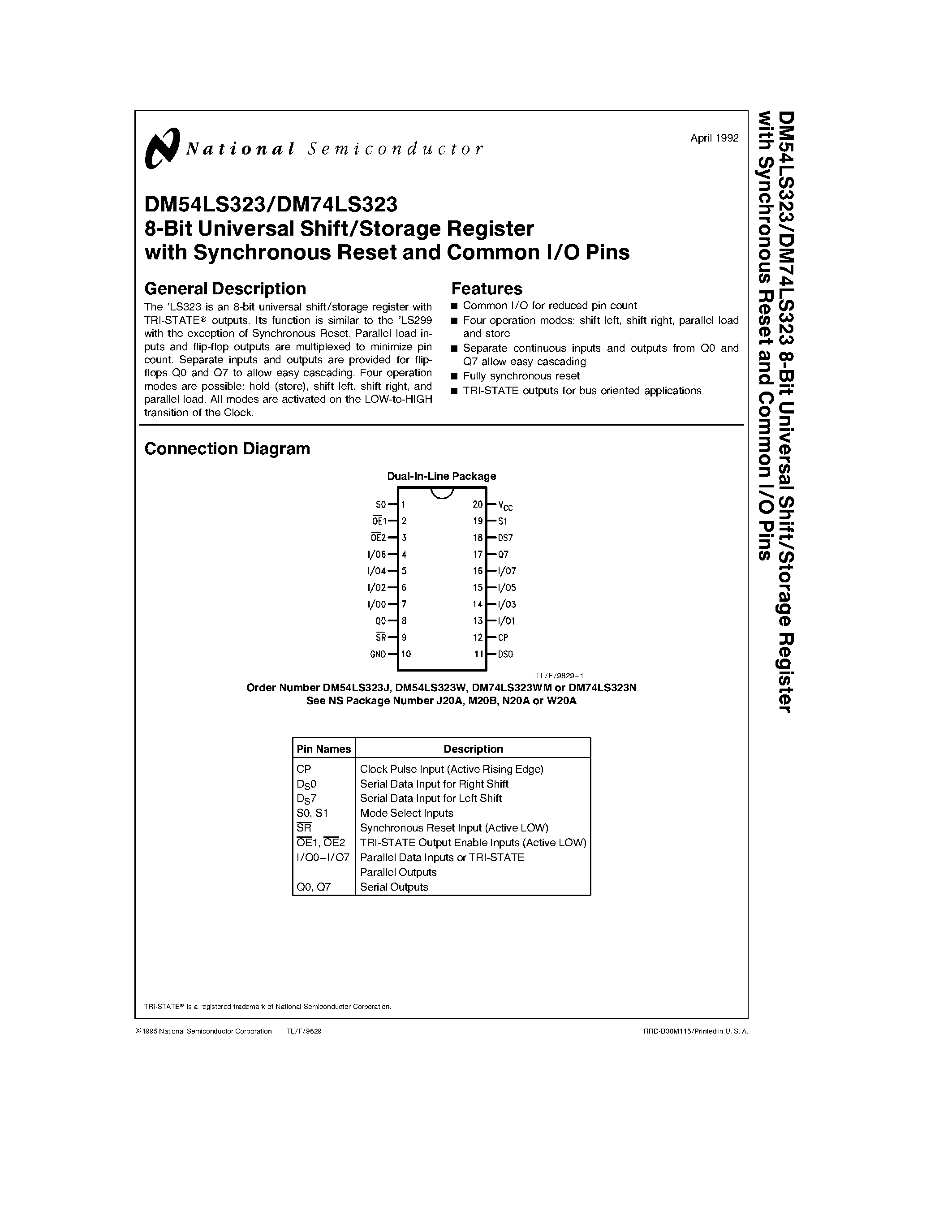 Datasheet DM74LS323 page 1 Datasheet DM74LS323 - 8-Bit Universal Shift/Storage Register with Synchronous Reset and Common I/O Pins page 1