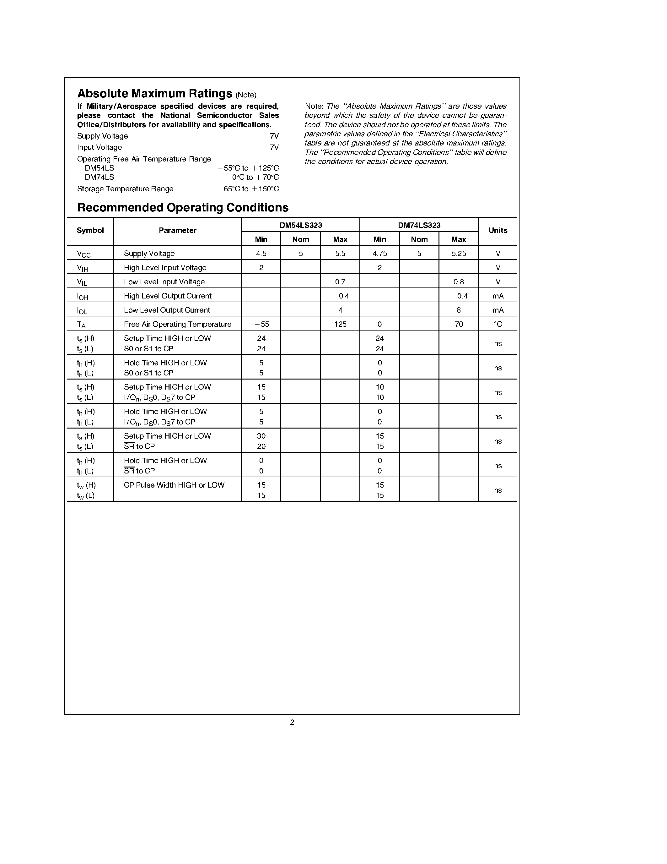Datasheet DM74LS323 page 2 Datasheet DM74LS323 - 8-Bit Universal Shift/Storage Register with Synchronous Reset and Common I/O Pins page 2