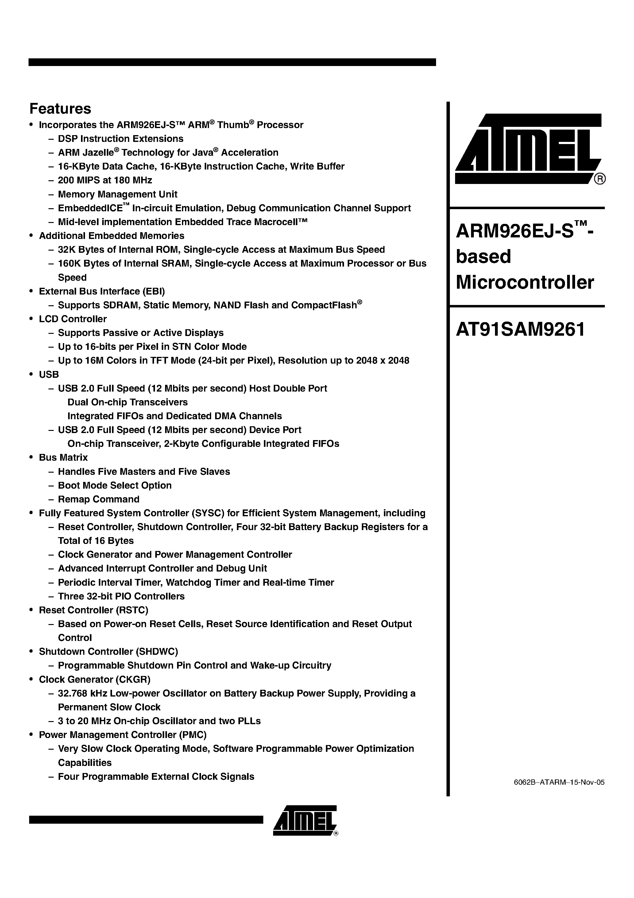 Datasheet AT91SAM9261 page 1 Datasheet AT91SAM9261 - ARM926EJ-S Based Microcontroller page 1