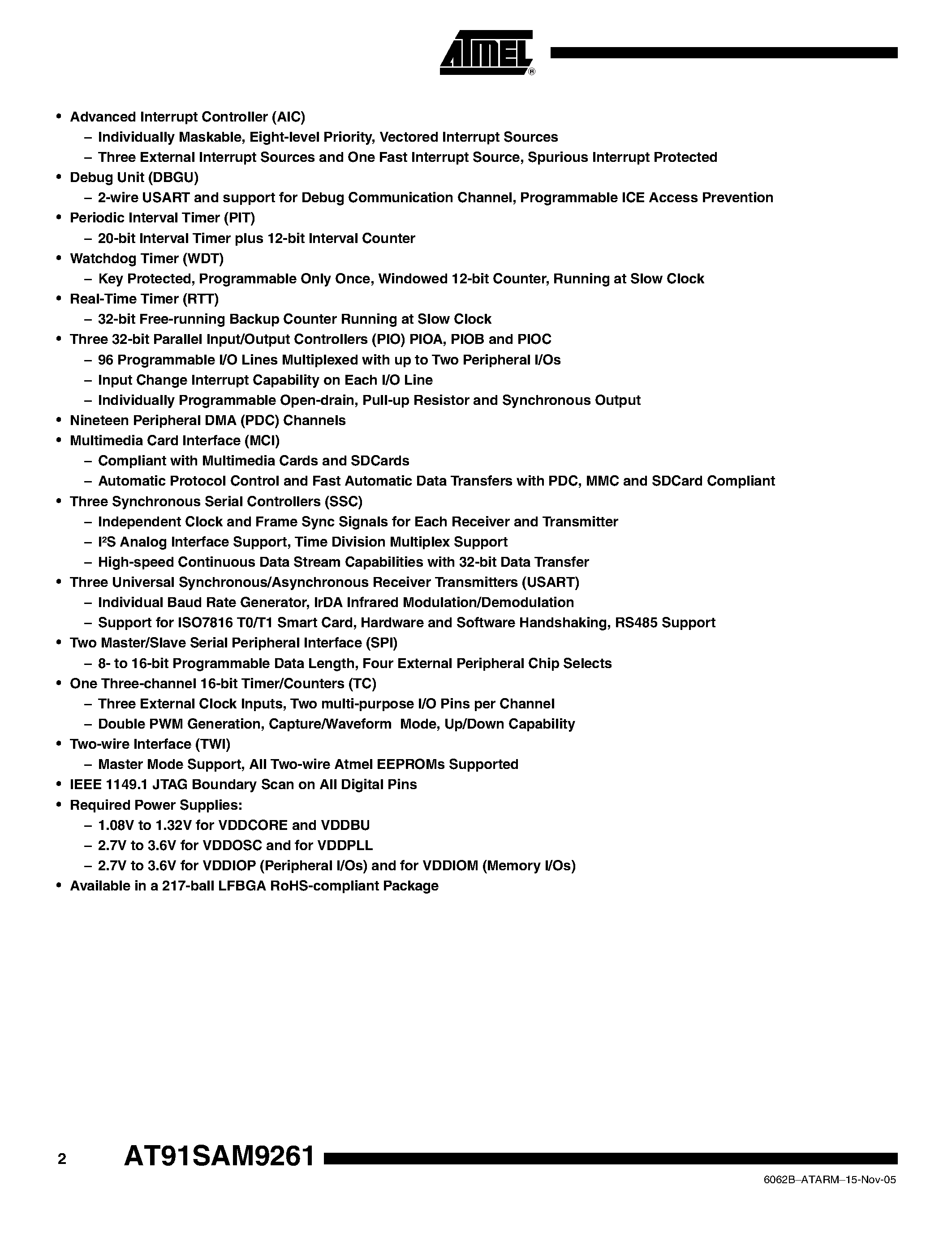 Datasheet AT91SAM9261 page 2 Datasheet AT91SAM9261 - ARM926EJ-S Based Microcontroller page 2
