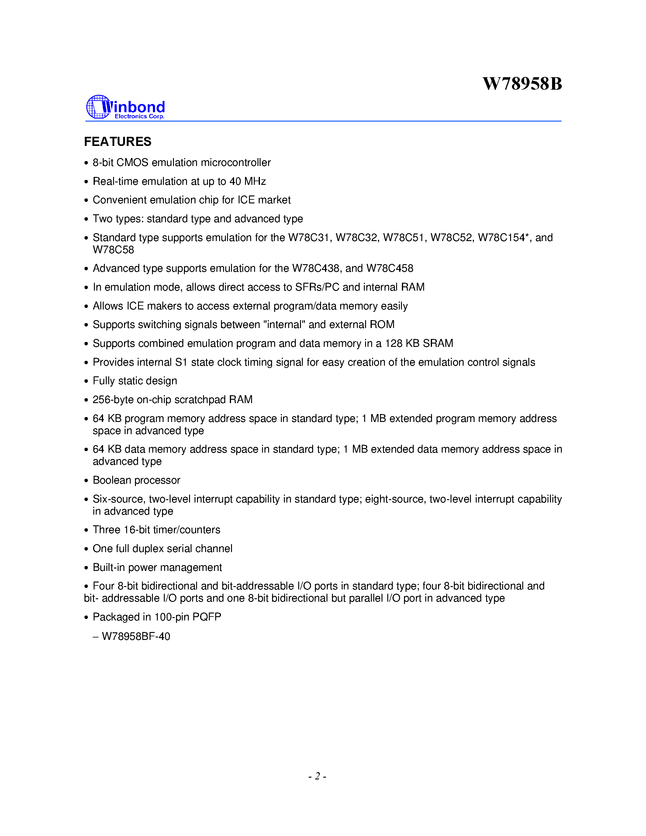 Datasheet W78958B - 8-Bit Emulation Microcontroller page 2