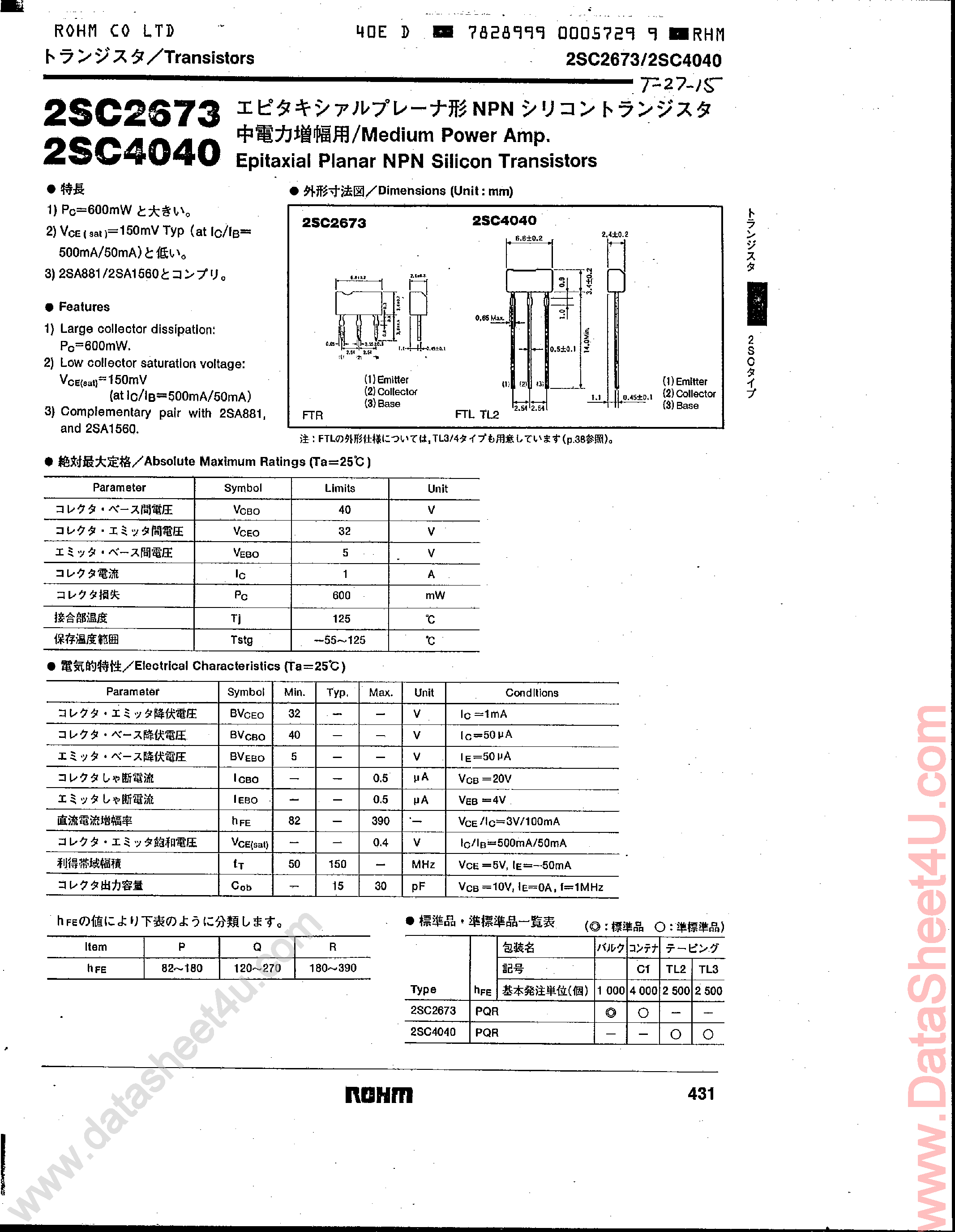 Даташит 2SC2673 - (2SC4040 / 2SC2673) Medium Power Amp / NPN Silicon Transistors страница 1
