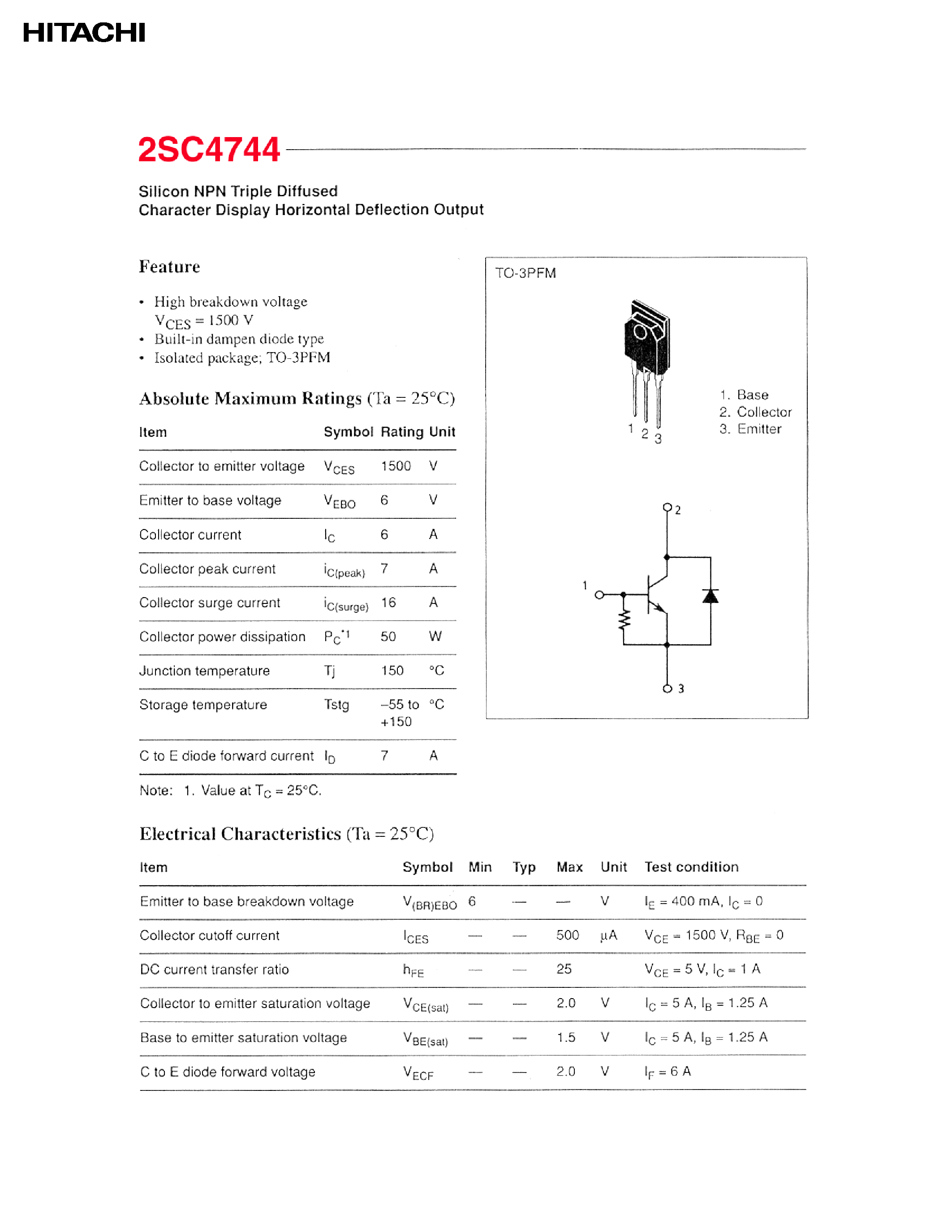 Datasheet 2SC4744 - Charcater Display Horizontal Deflection Output page 1