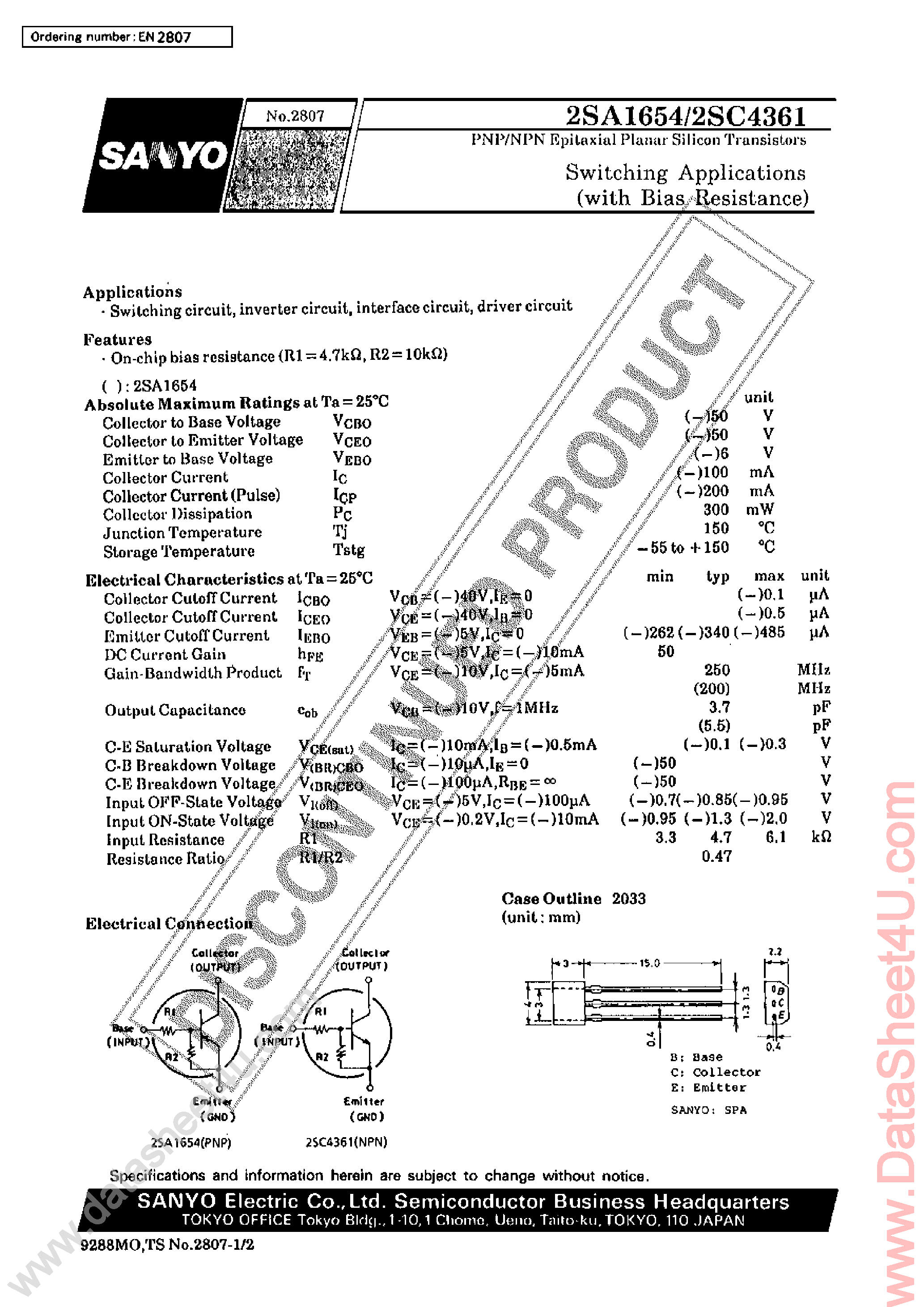 Datasheet 2SC4361 - Switching Applications Transistors page 1