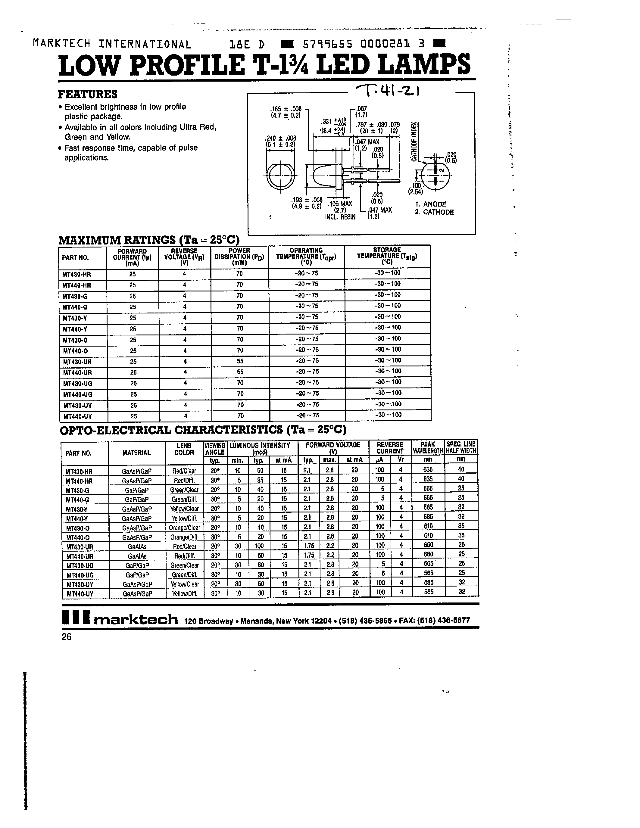Datasheet MT430 - LOW PROFILE T-1 3/4 LED LAMPS page 1