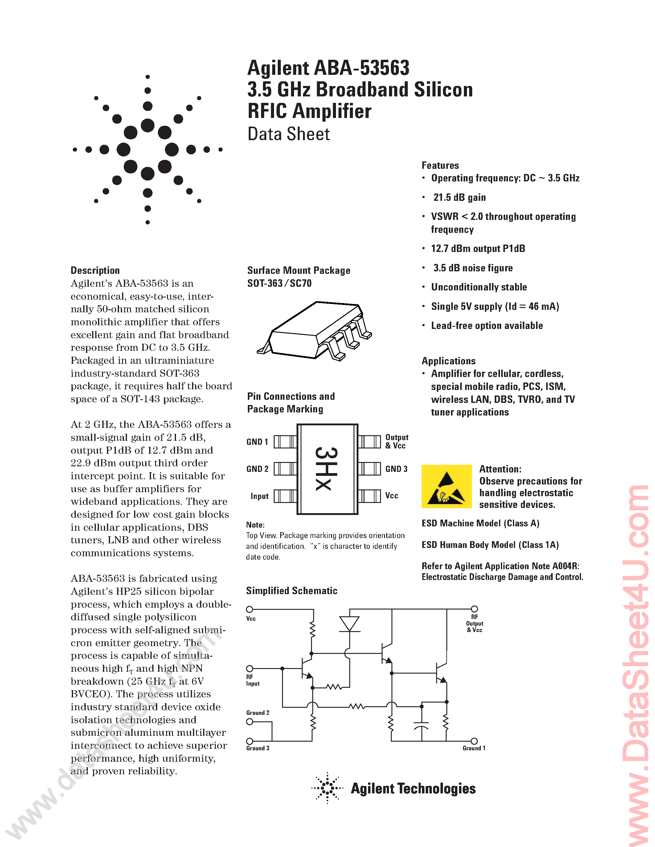 Datasheet ABA-53563 - 3.5 Ghz Broadband Silicon RFIC Amplifier page 1