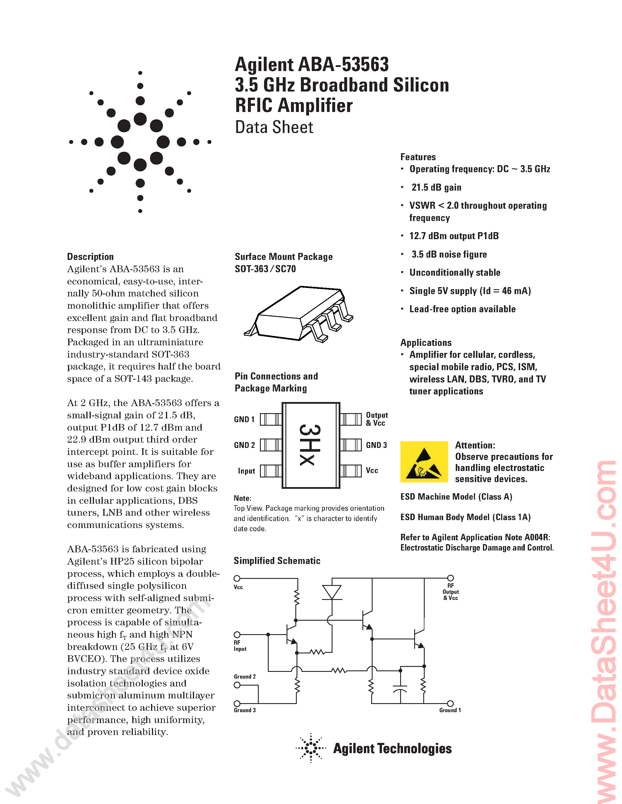 Даташит на микросхему ABA-53563 страница 1 Даташит ABA-53563 - 3.5 Ghz Broadband Silicon RFIC Amplifier страница 1