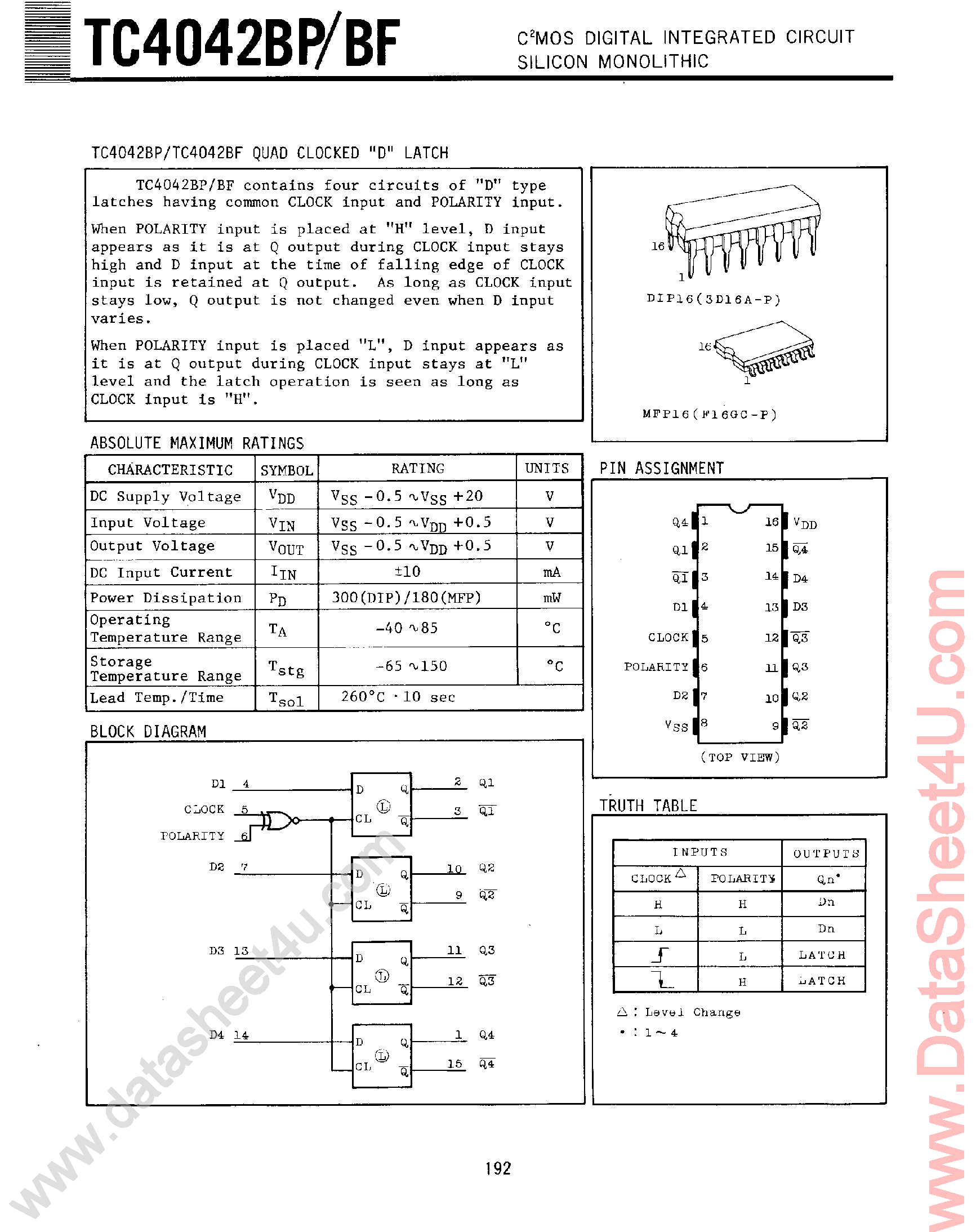 Datasheet TC4042 page 1 Datasheet TC4042 - Quad Clocked D Latch page 1