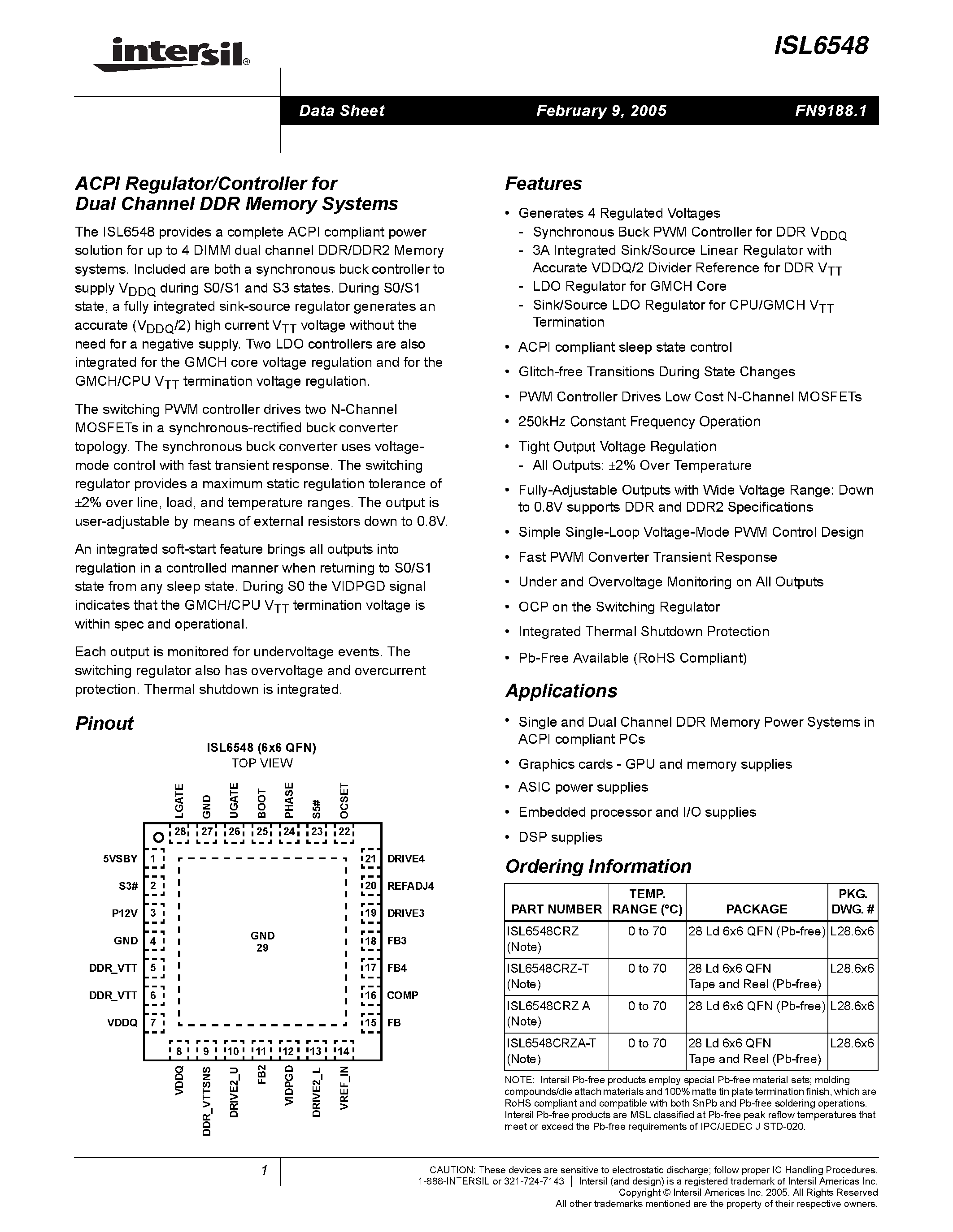 Datasheet ISL6548 page 1 Datasheet ISL6548 - ACPI Regulator/Controller for Dual Channel DDR Memory Systems page 1