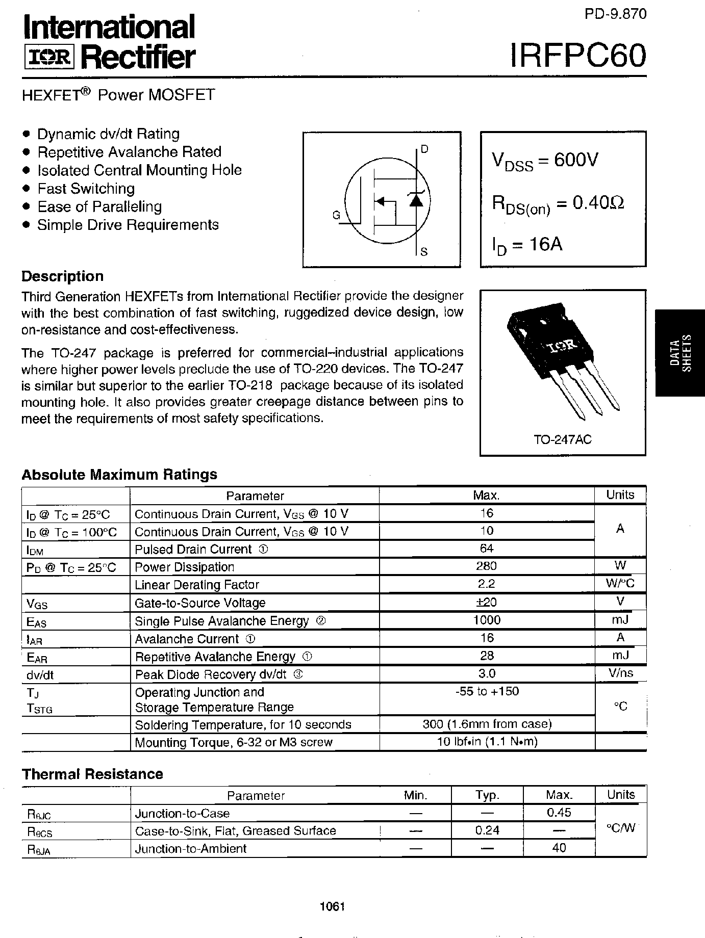 Datasheet IRFPC60 - Power MOSFET page 1