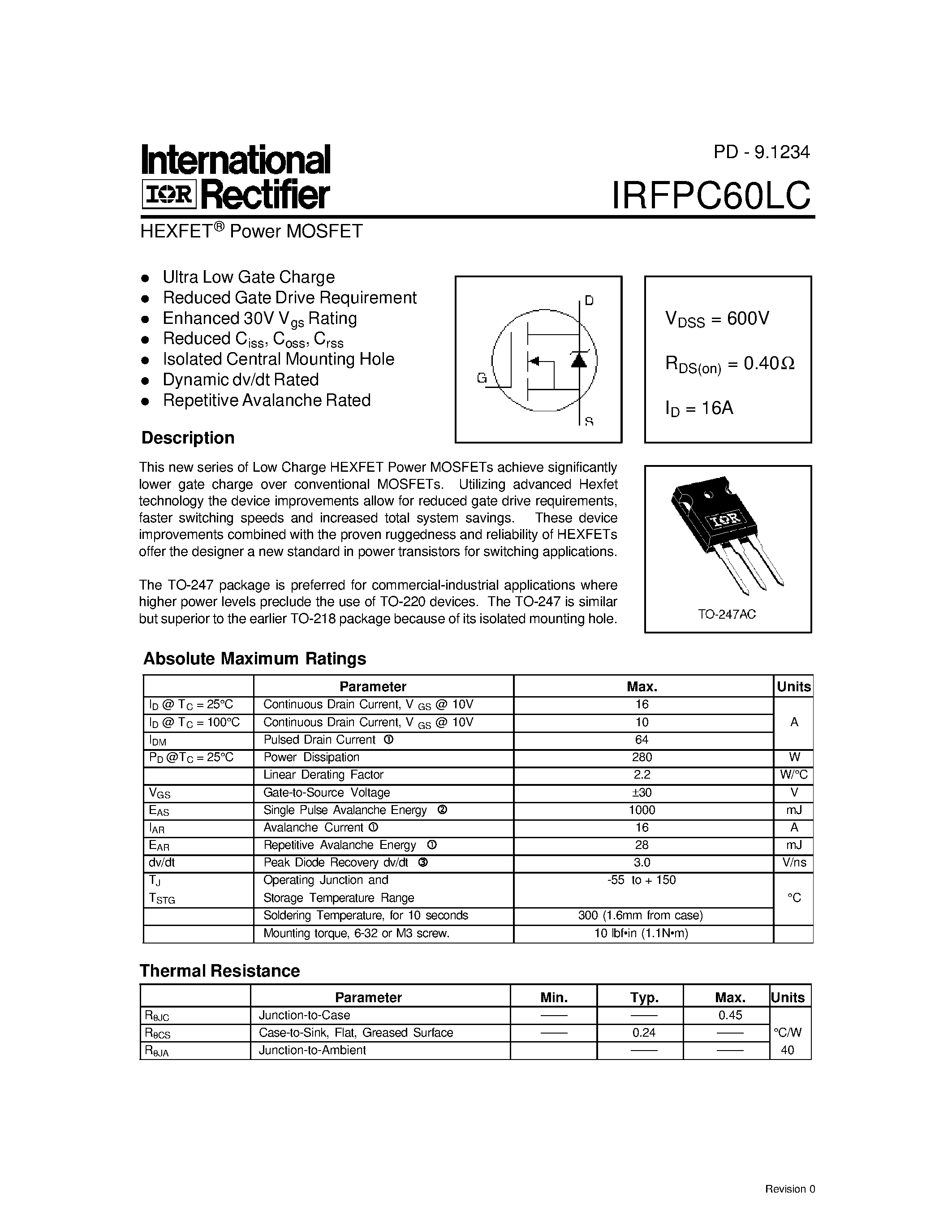 Даташит IRFPC60LC - Power MOSFET страница 1