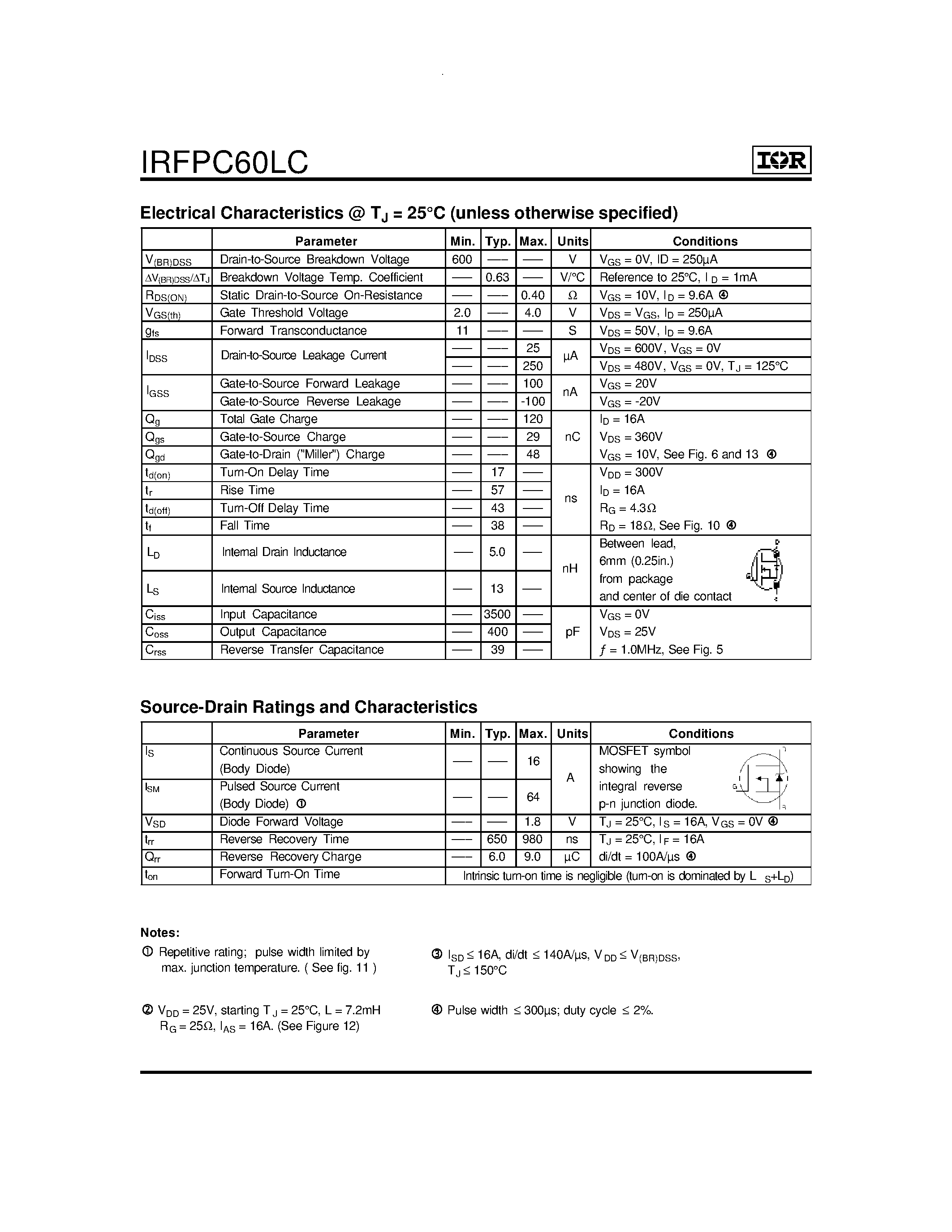 Даташит IRFPC60LC - Power MOSFET страница 2