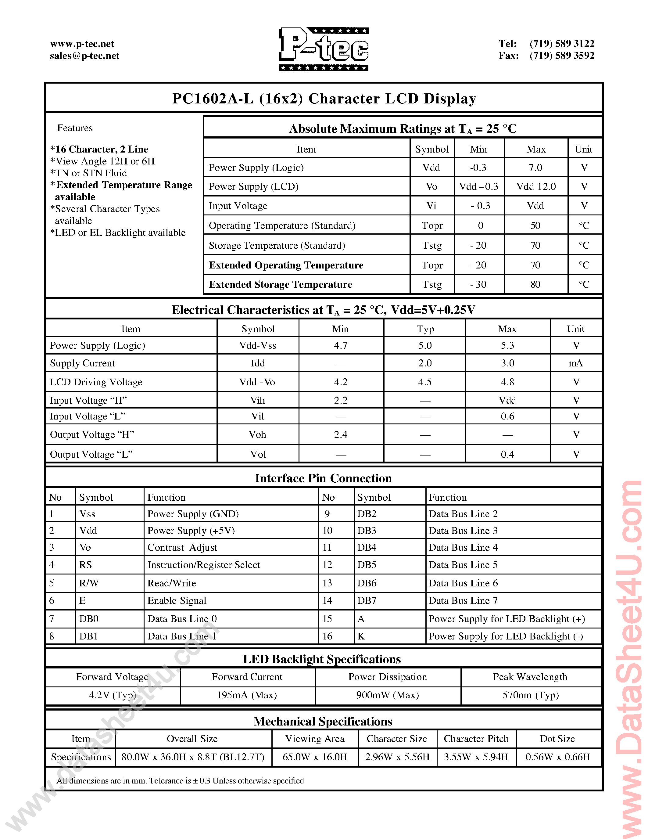 Даташит на микросхему PC1602A-L страница 1 Даташит PC1602A-L - (PC1602x-x) Character LCD Display страница 1