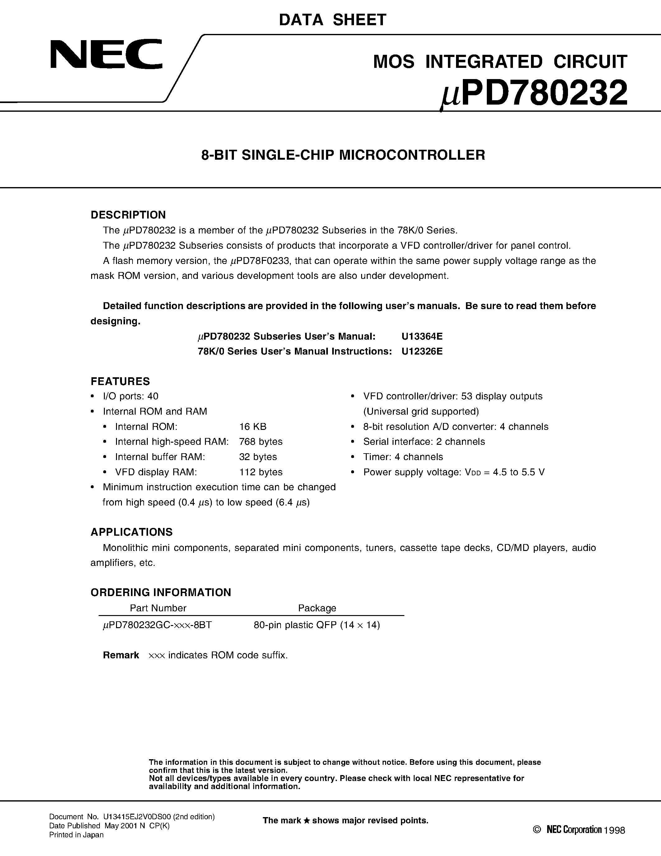 Даташит UPD780232 - 8-bit Single-Chip Microcontroller страница 1