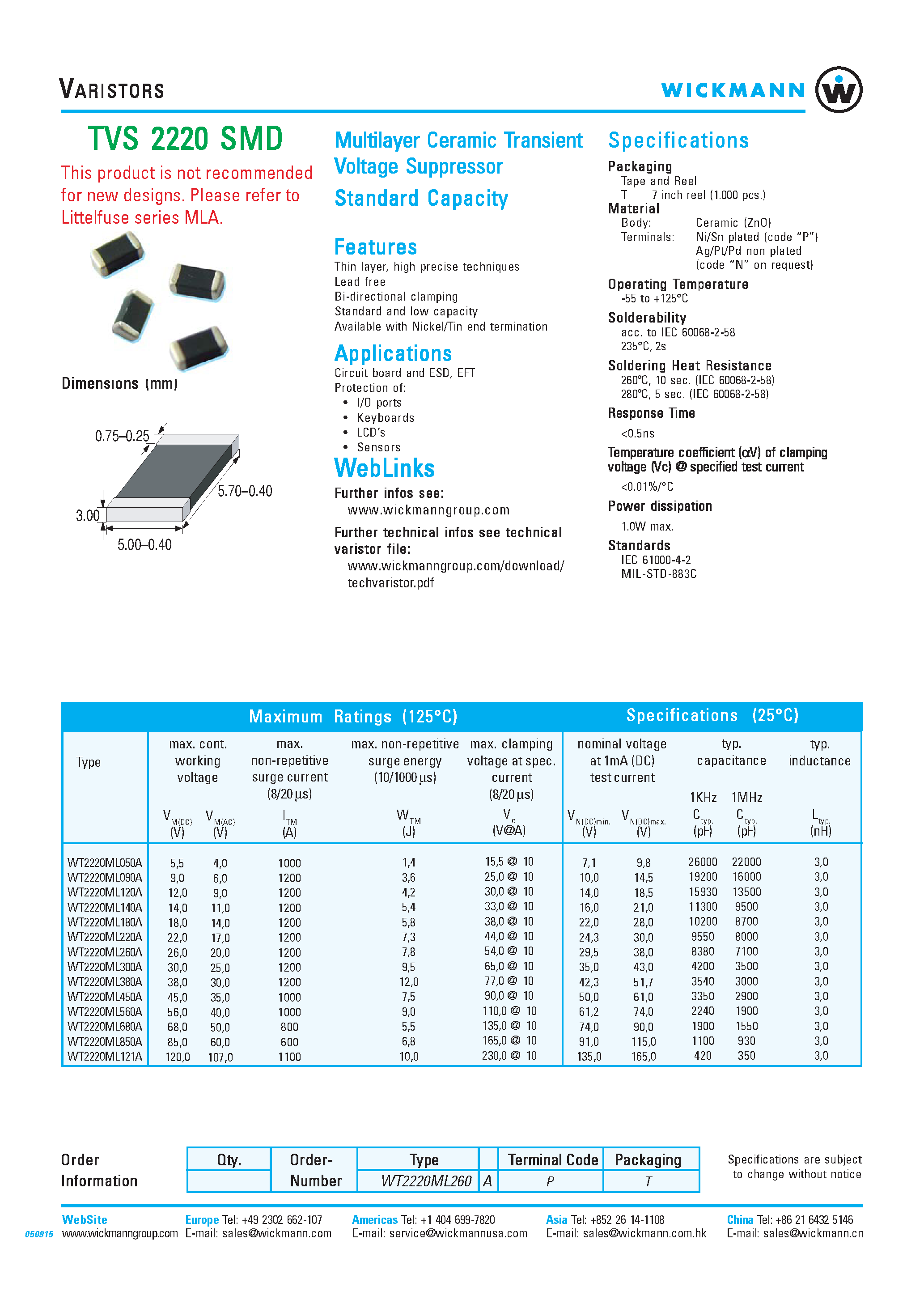 Даташит на микросхему WT2220 страница 1 Даташит WT2220 - Multilayer Ceramic Transient Voltage Suppressor Standard Capacity страница 1