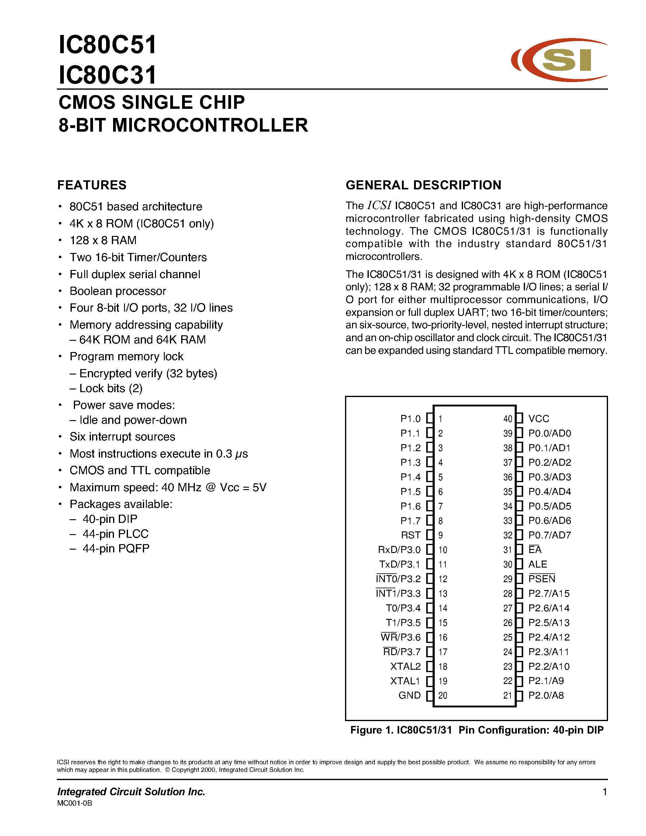 Datasheet IC80C31 - (IC80C31 / IC80C51) CMOS SINGLE CHIP 8-BIT MICROCONTROLLER page 1