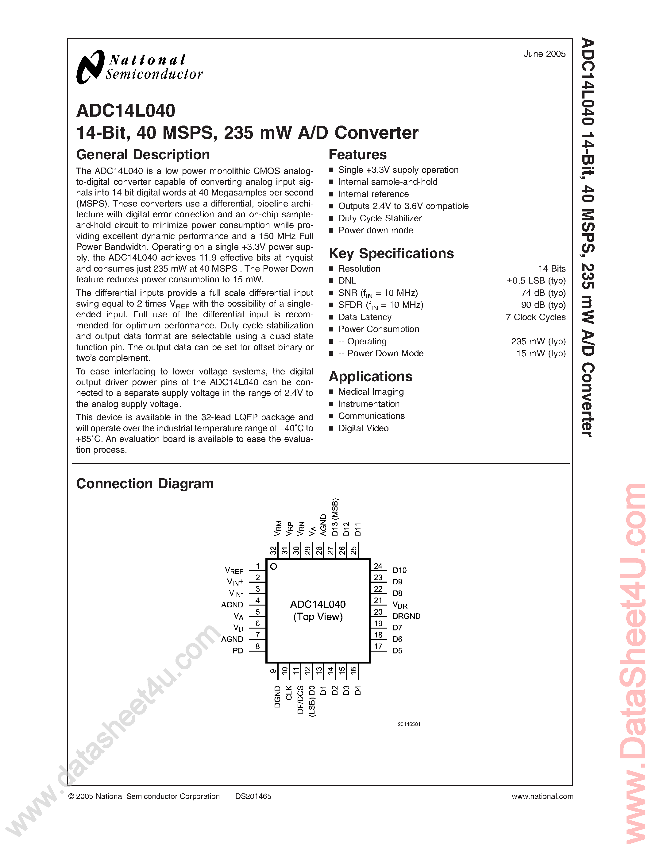 Datasheet ADC14L040 - 14-Bit 40 MSPS / 235mW A/D Converter page 1