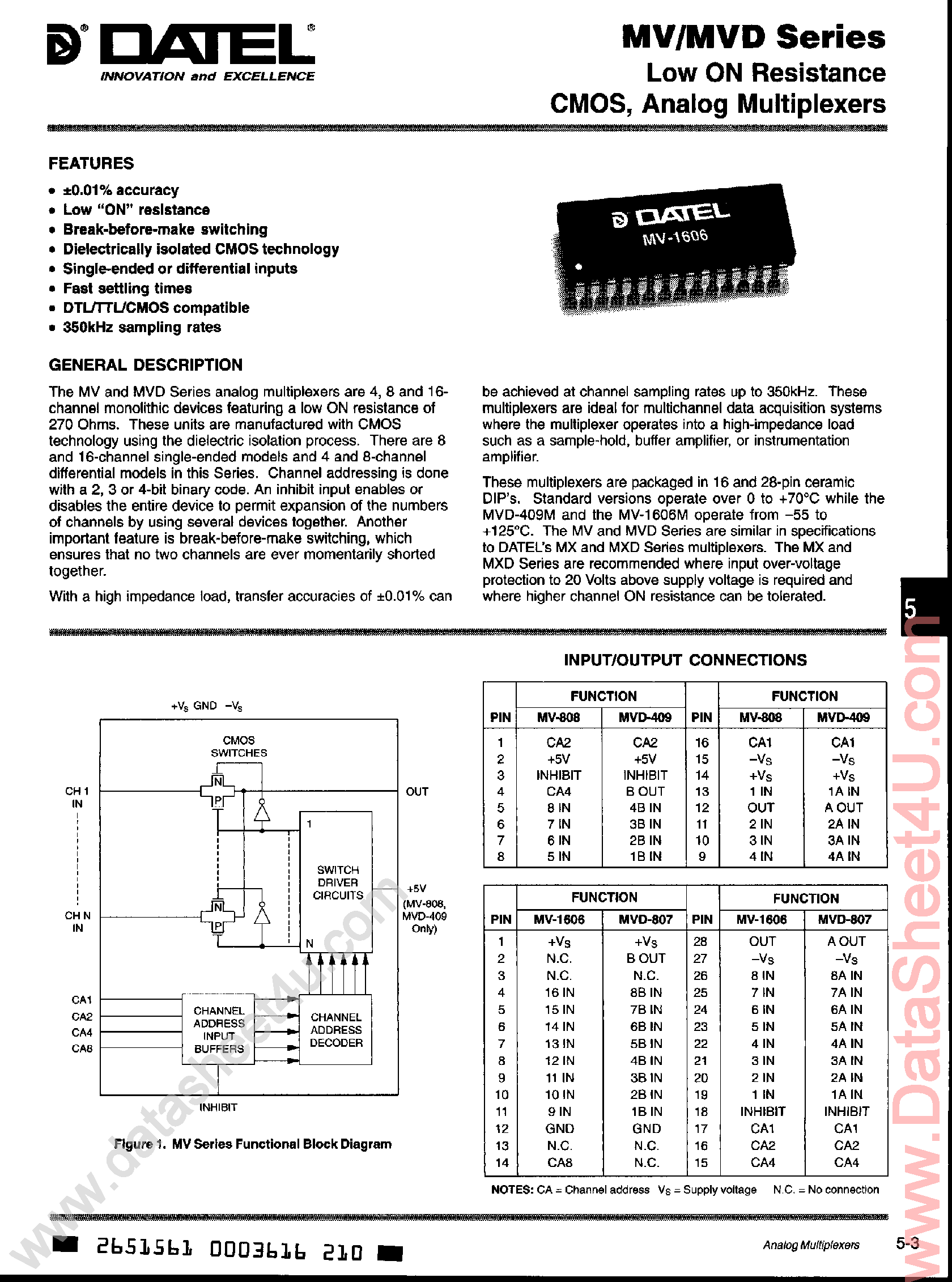 Datasheet MVD-409 - (MVD-xxx Series) Low ON Resistance CMOS / Analog Multiplexers page 1