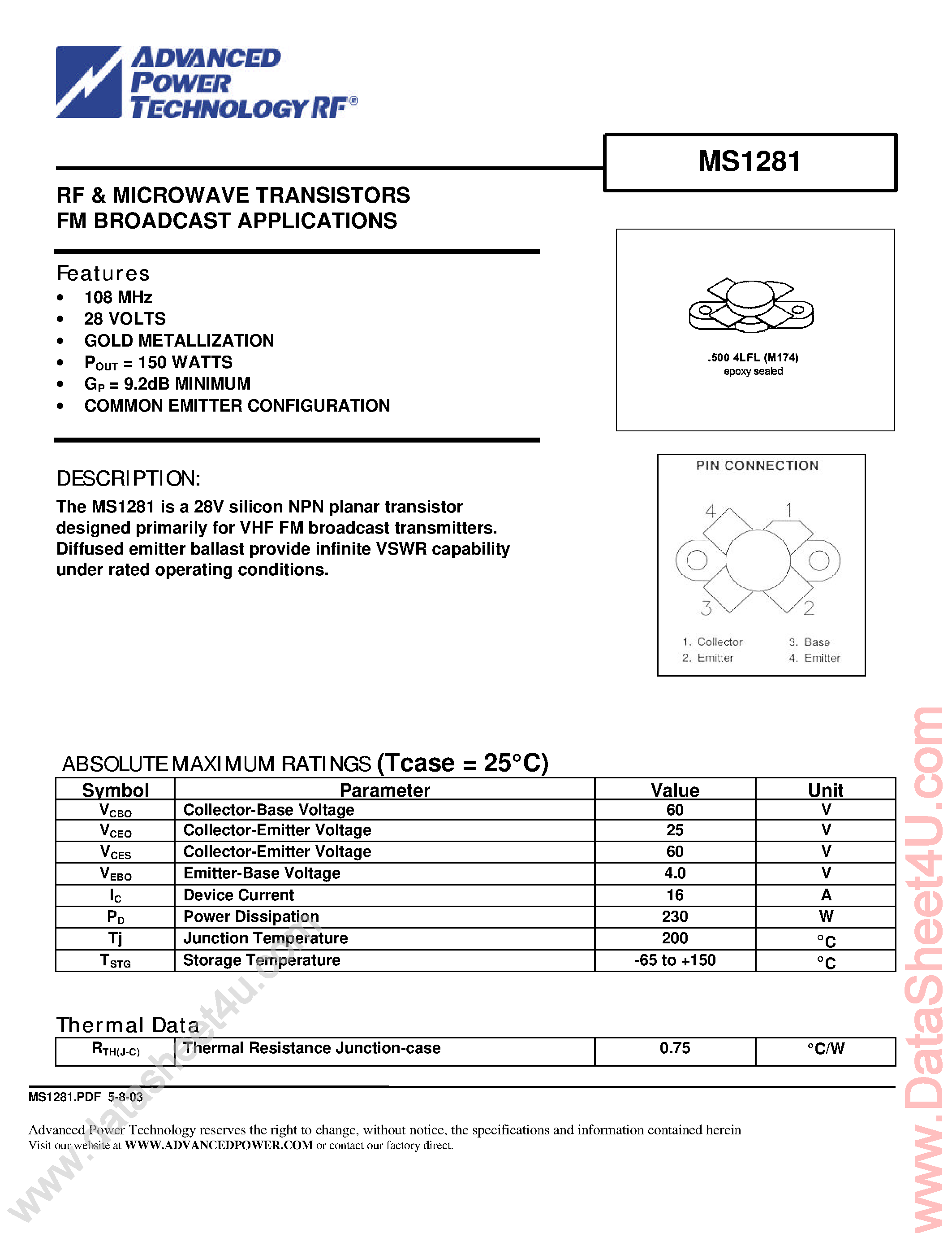 Datasheet MS1281 - RF & Microwave Transistors FM Broadcast Applications page 1