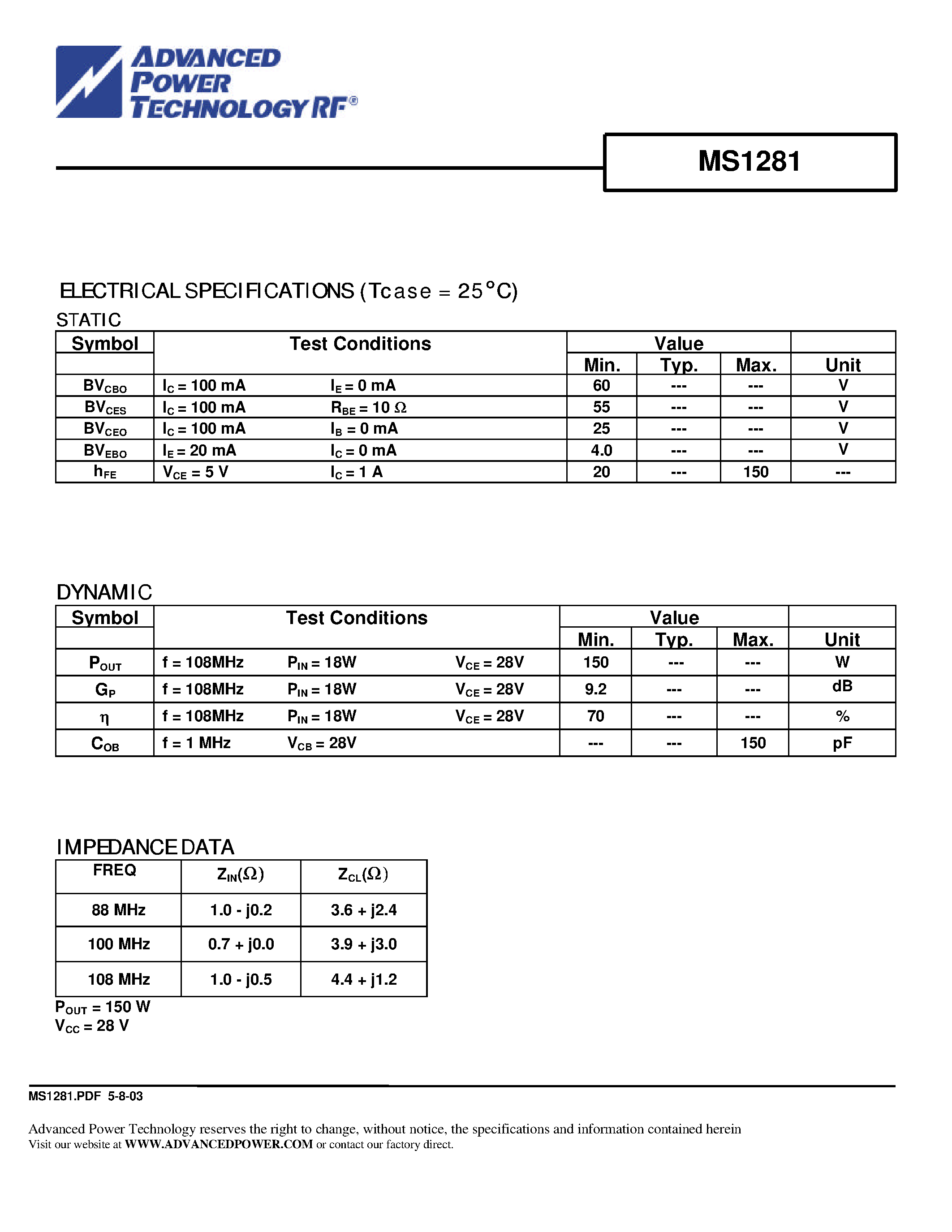 Datasheet MS-1281 - RF & Microwave Transistors FM Broadcast Applications page 2