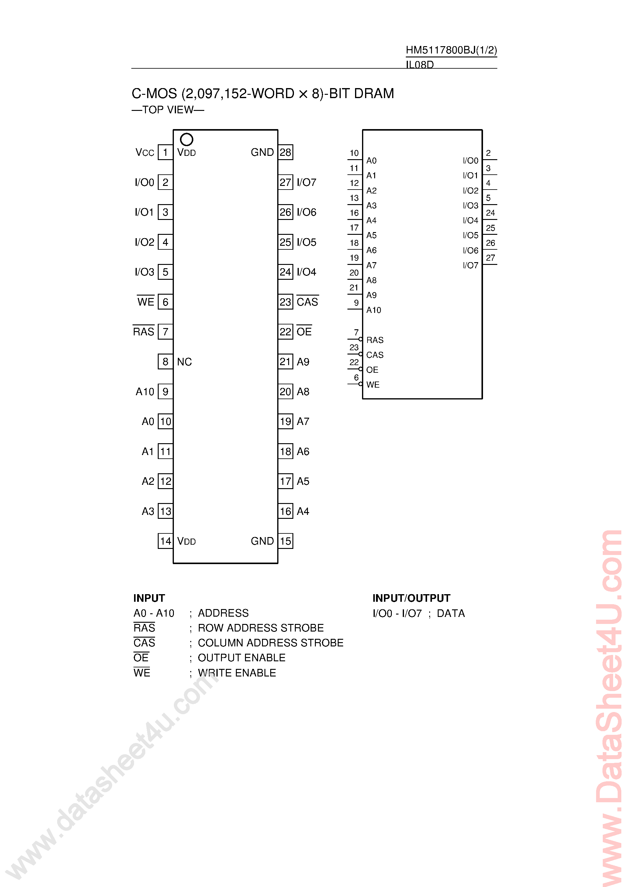 Даташит на микросхему HM5117800BJ страница 1 Даташит HM5117800BJ - CMOS 2M x 8-Bit DRAM страница 1