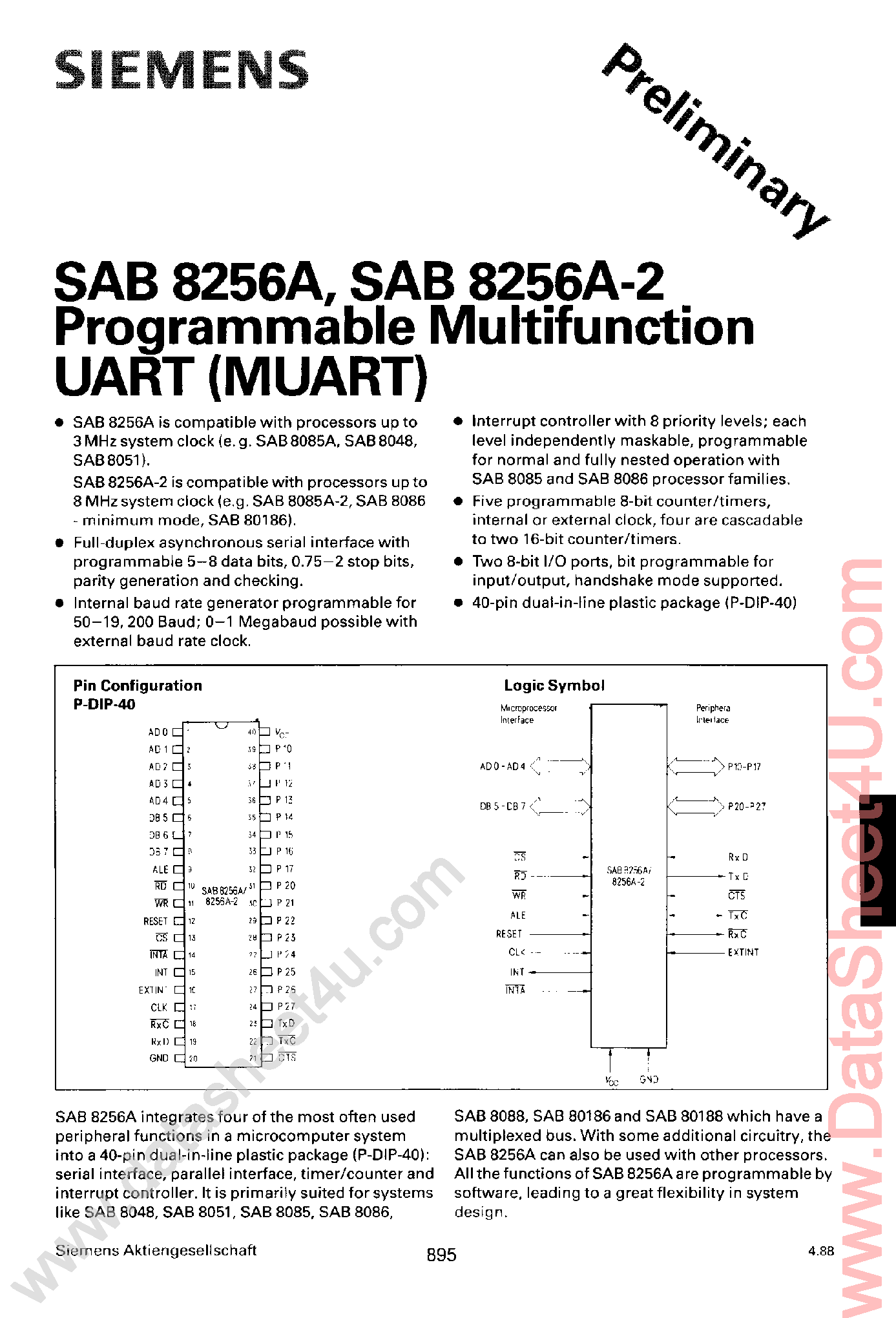 Даташит на микросхему SAB8256A страница 1 Даташит SAB8256A - Programmable Multifunction UART страница 1