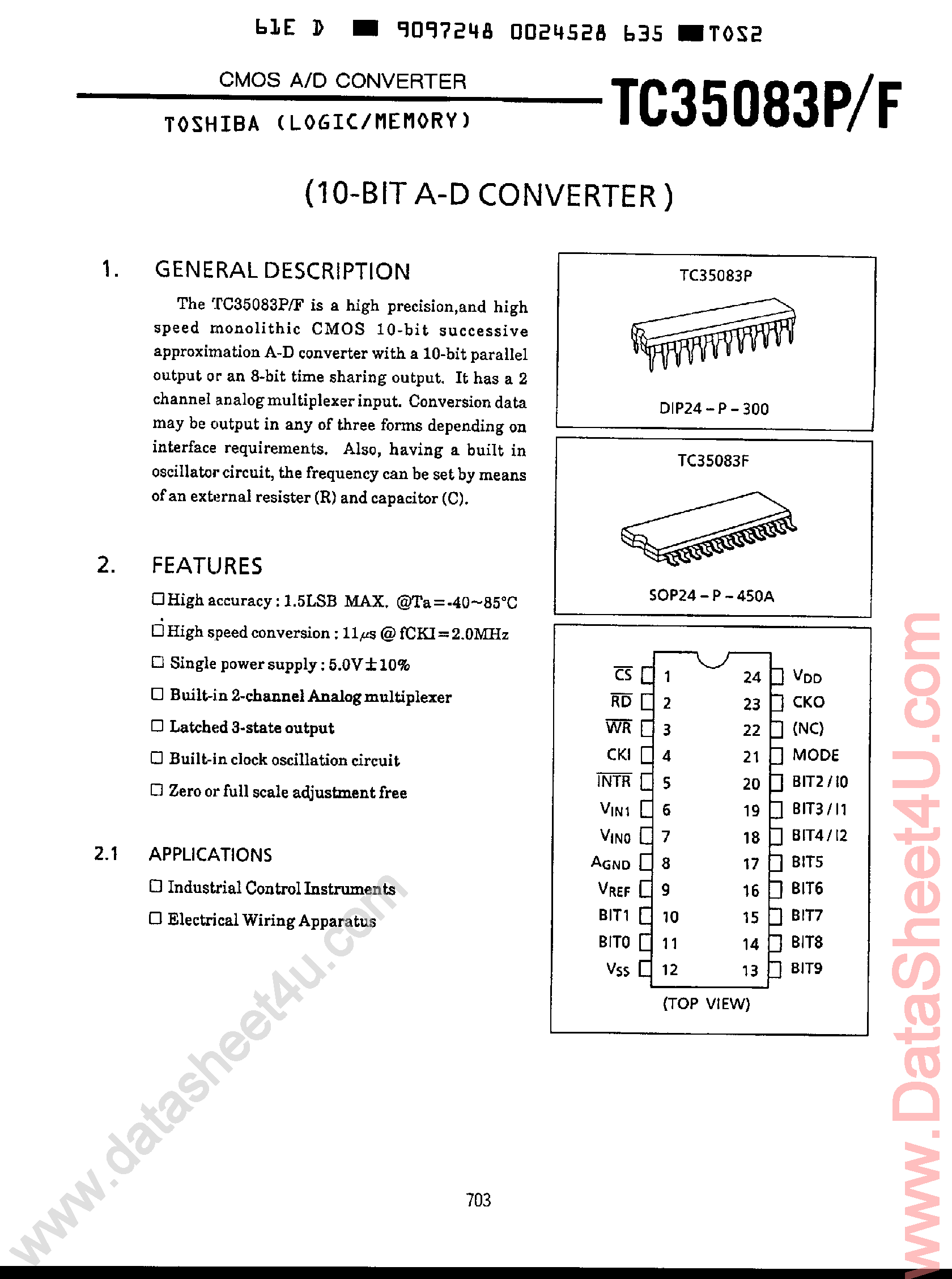 Datasheet TC35083F page 1 Datasheet TC35083F - 10-Bit A/D Converter page 1