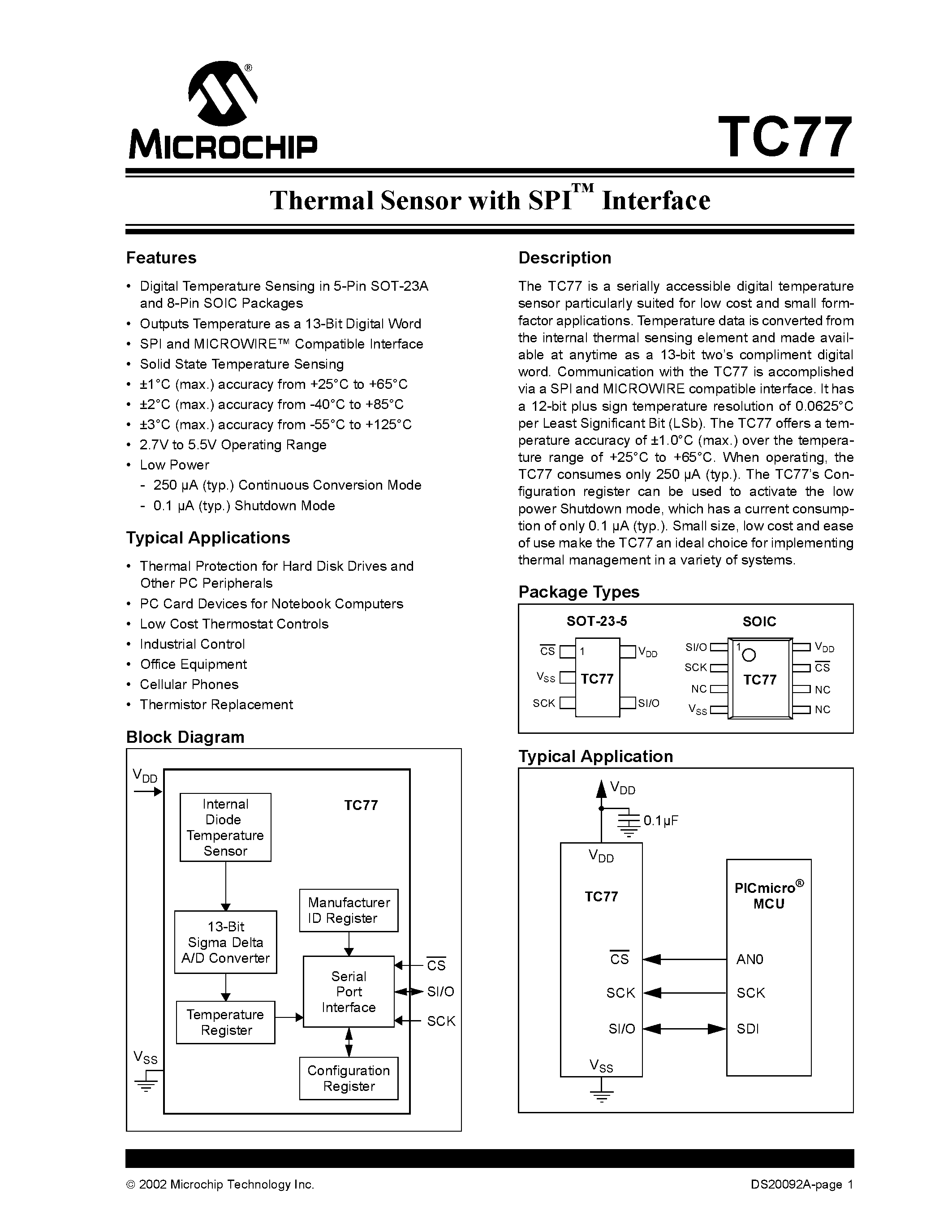 Datasheet TC77 - Thermal Sensor with SPI Interface page 1