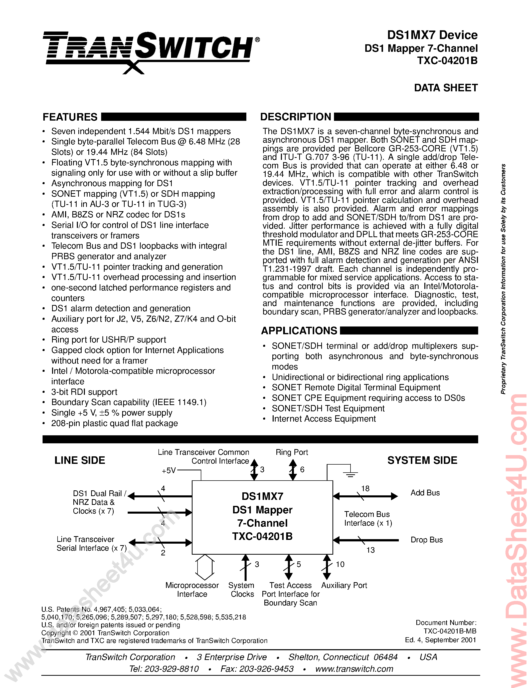 Даташит на микросхему TXC-04201B страница 1 Даташит TXC-04201B - DS1MX7 Device DS1 Mapper 7-Channel страница 1