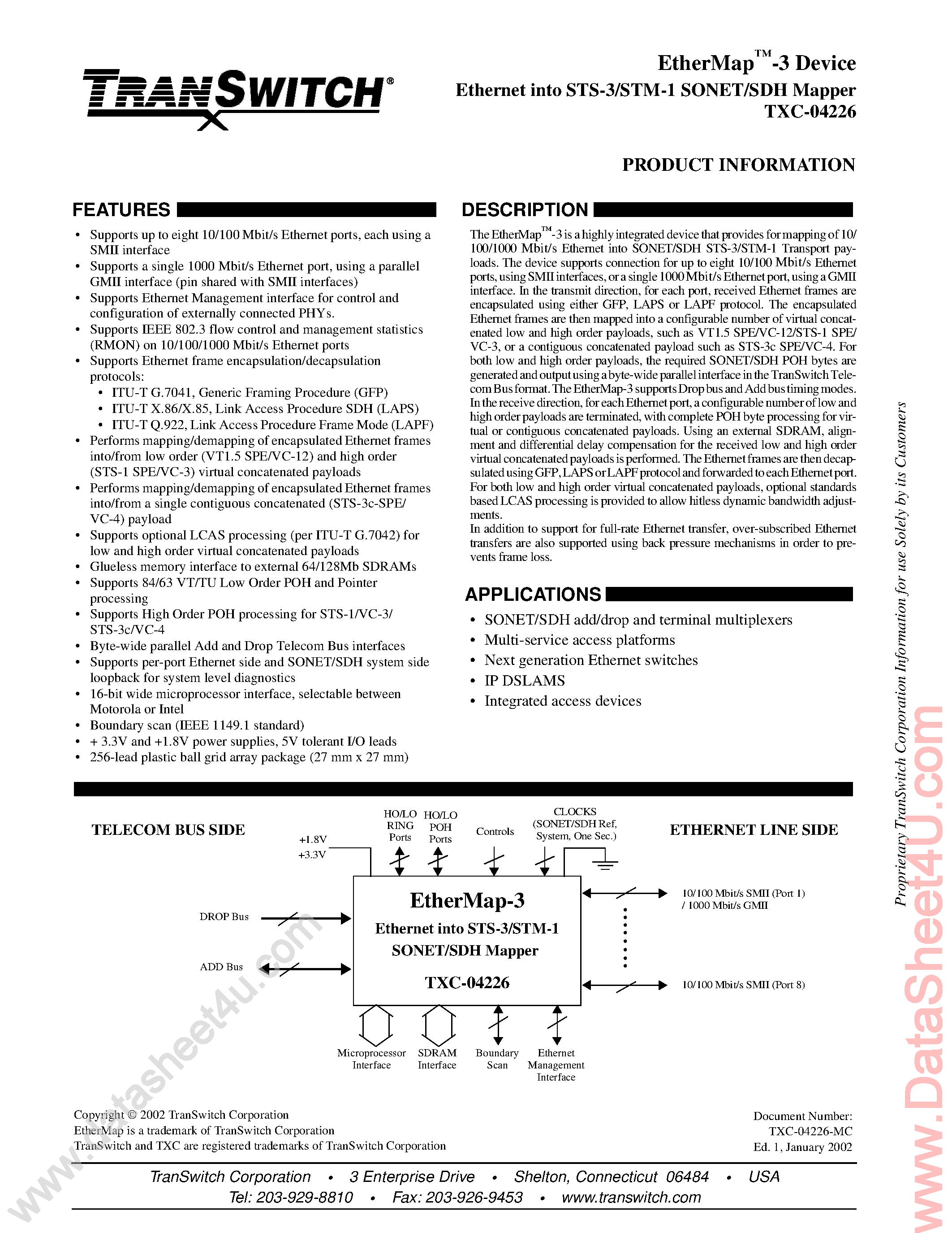Datasheet TXC-04226 - Ethernet Into STS-3/STM-1 SONET/SDH Mapper page 1