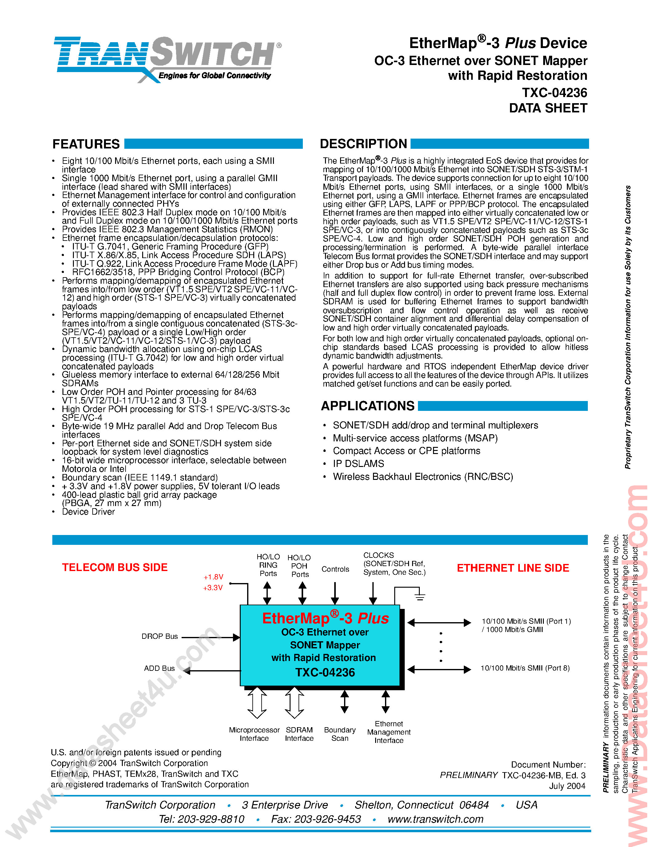 Datasheet TXC04236 - OC-3 Ethemet Over SONET Mapper page 1