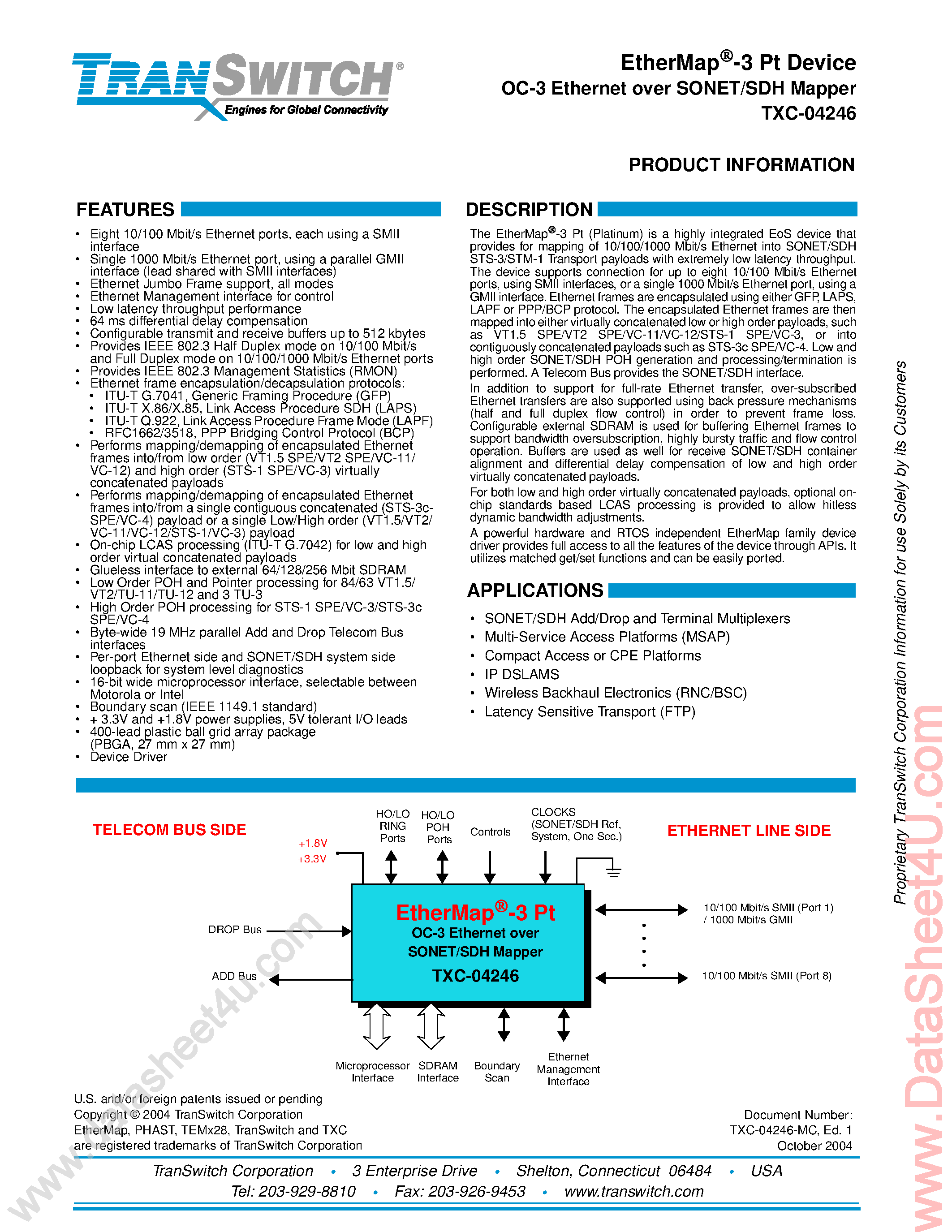 Datasheet TXC-04246 - OC-3 Ethemet Over SONET/SDH Mapper page 1