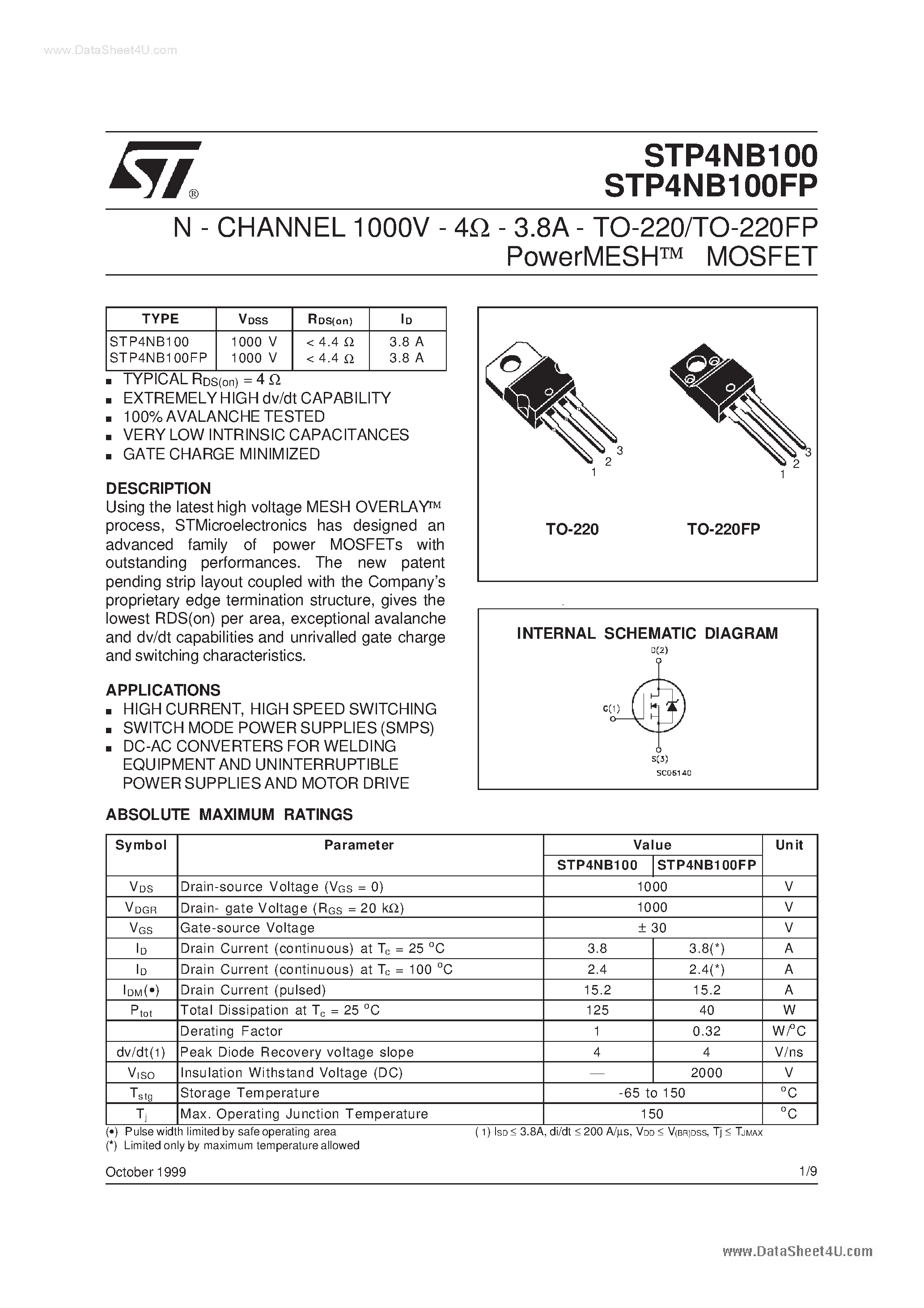 Datasheet P4NB10 - Search -----> STP4NB10 page 1