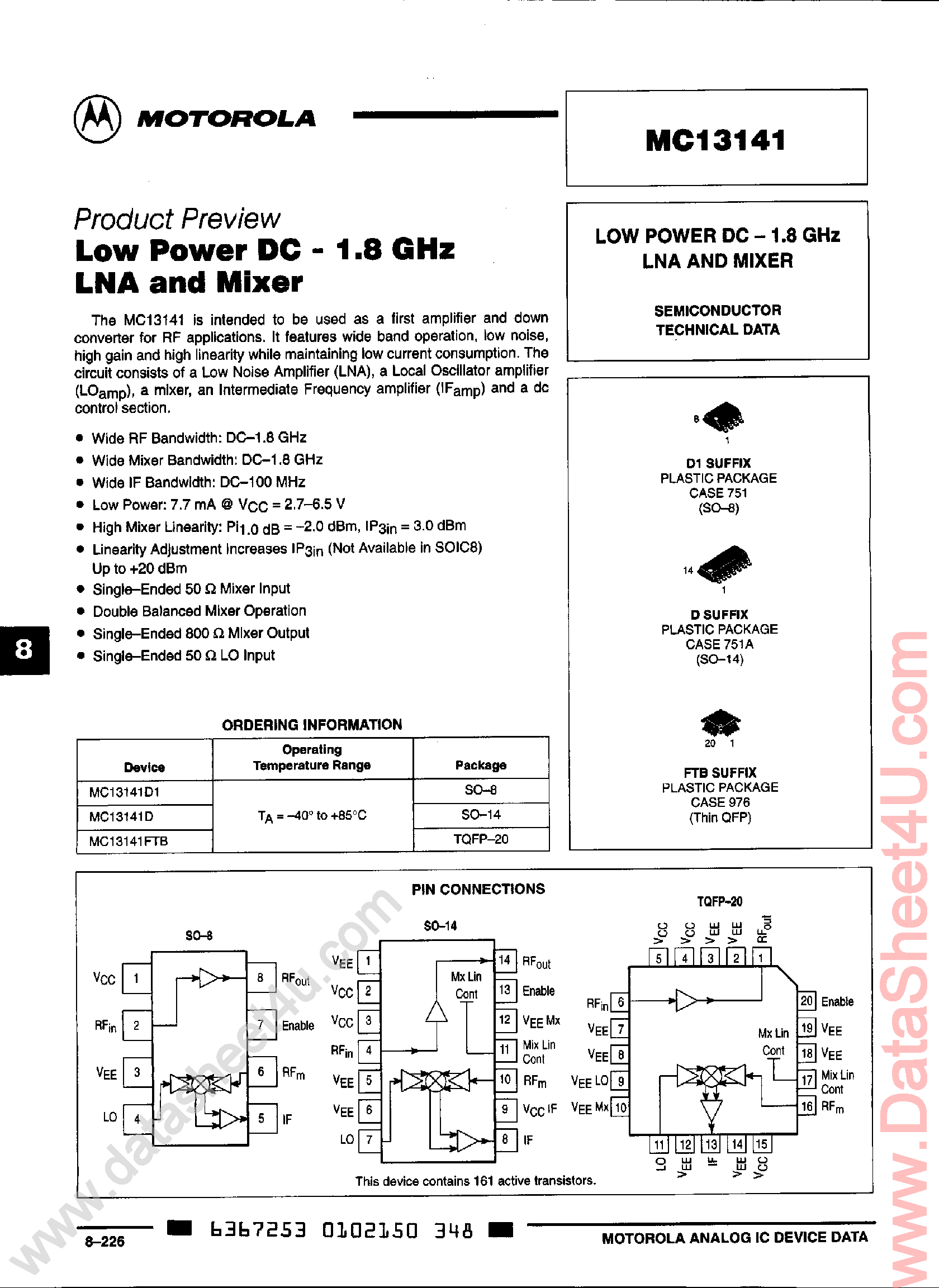 Даташит MC13141 - Low Power DC - LNA and Mixer страница 1